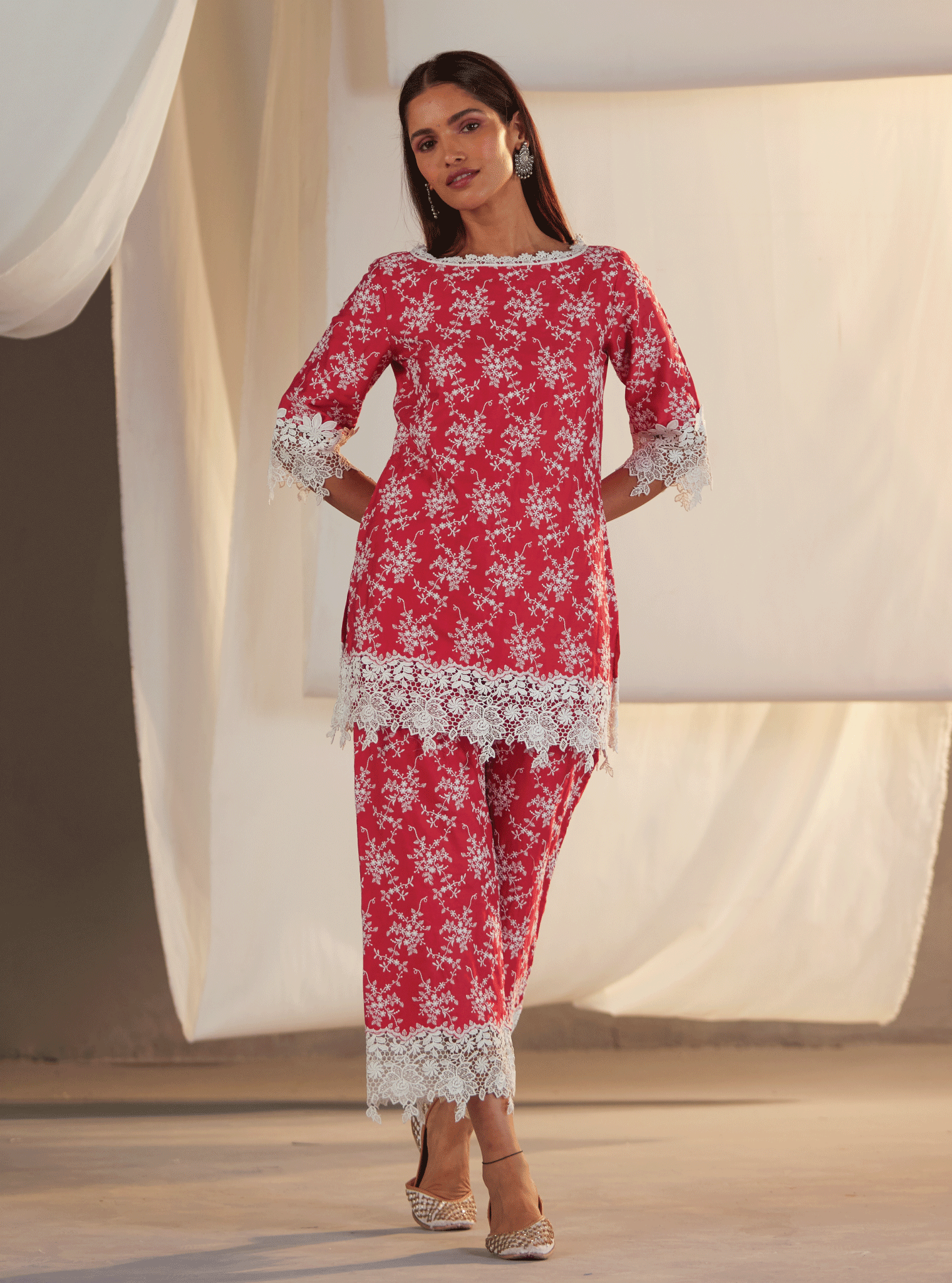 Mulmul Pima Paisley Red Kurta With Paisley Red Pant