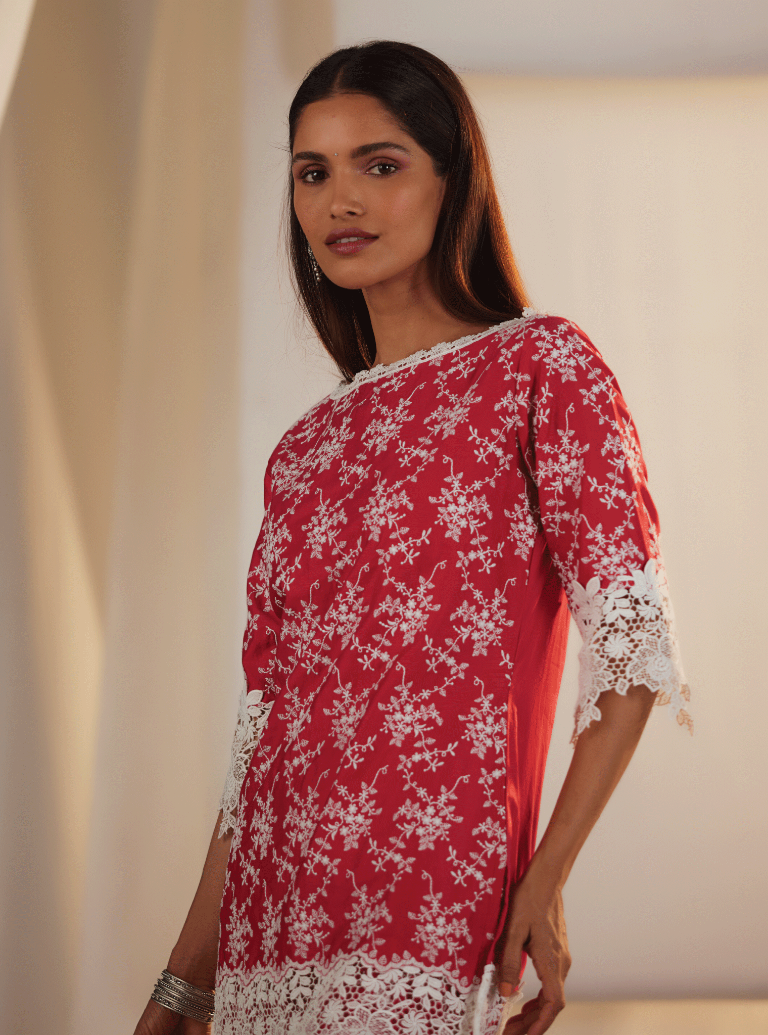 Mulmul Pima Paisley Red Kurta With Paisley Red Pant