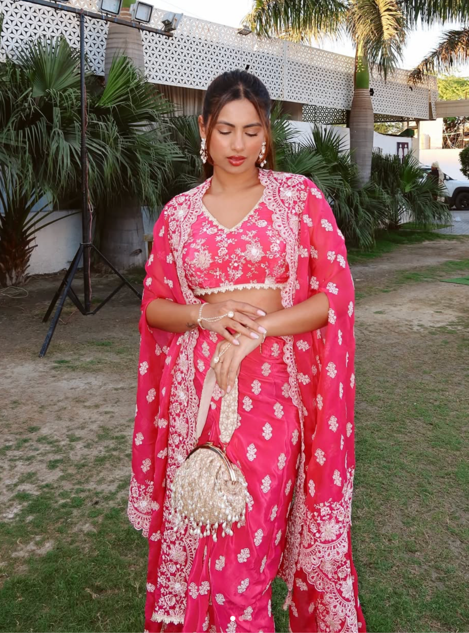 Maya Organza Fuschia Cape Shrug With Skirt