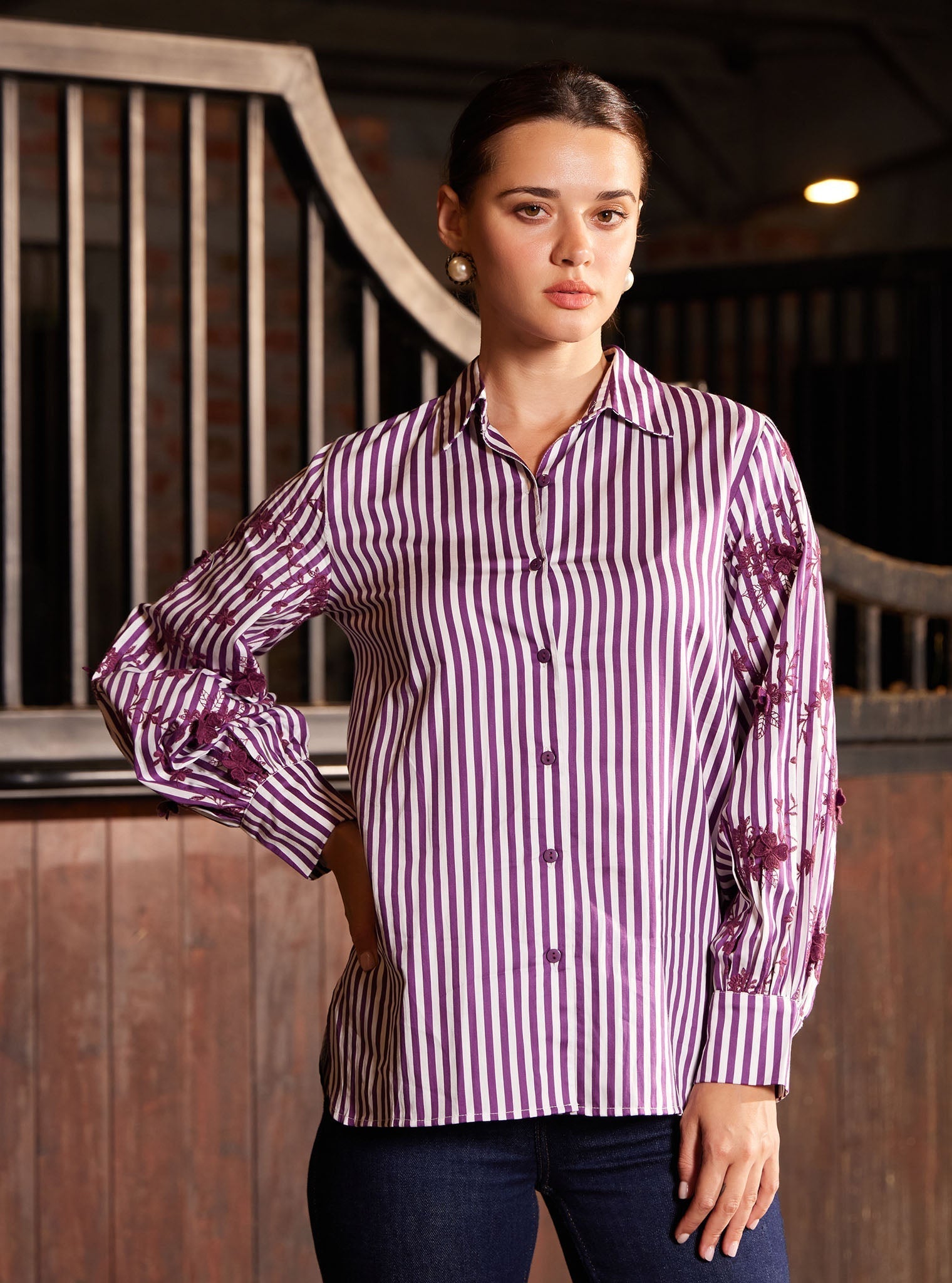 Astraea Pima Stripe Printed Purple Shirt