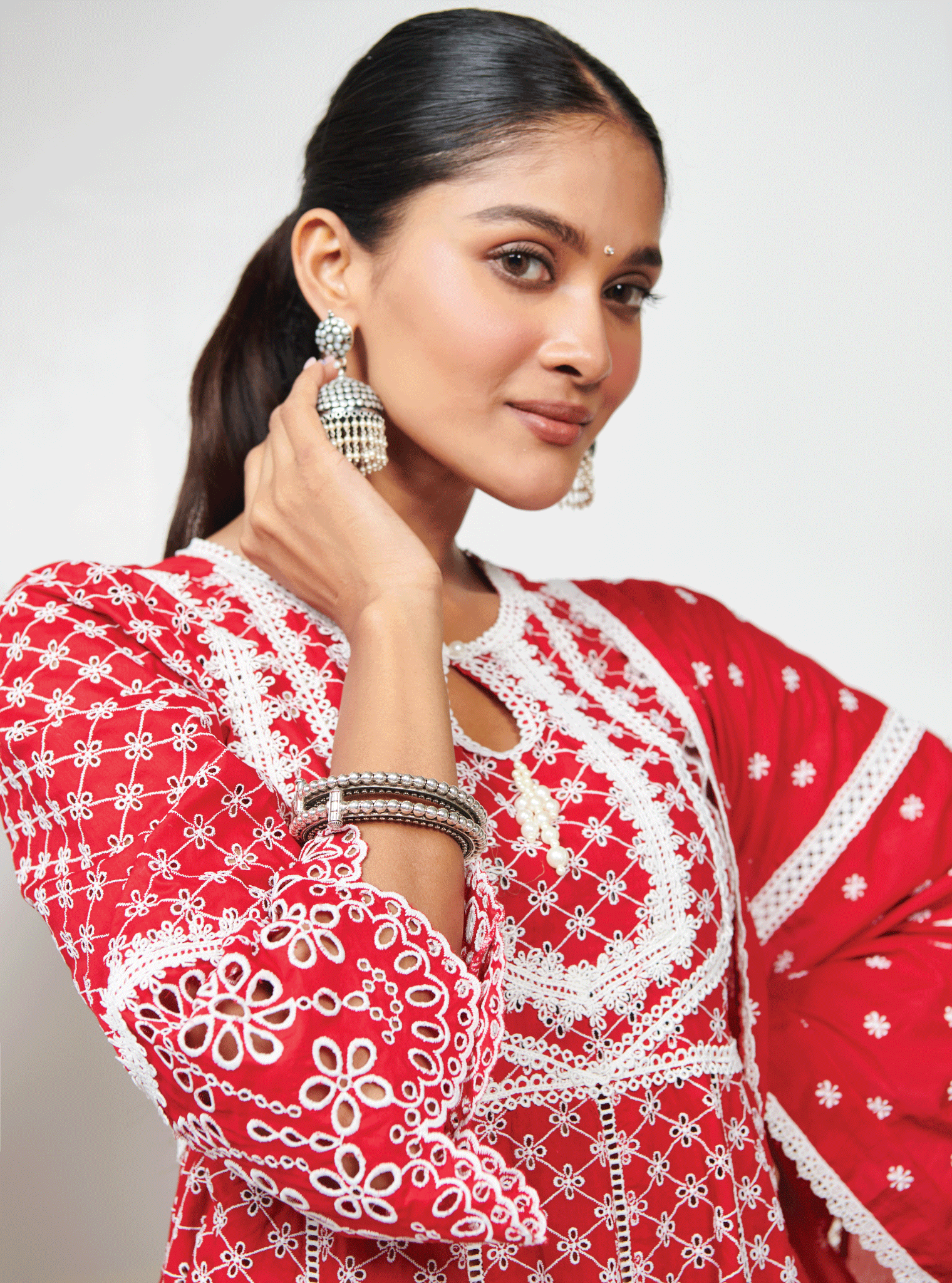 Mulmul Cotton Arris Red Anarkali Kurta With Diagonal Lace White Pant