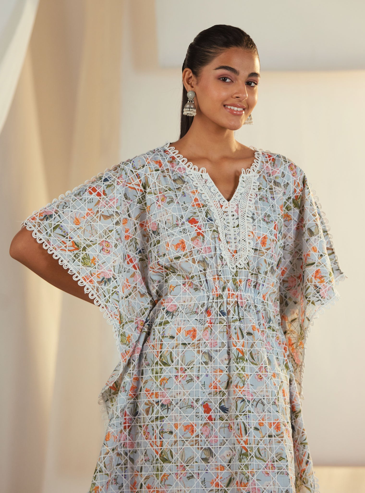 Keoni Supima Cotton Blue Kaftan With Keoni Pink Pant