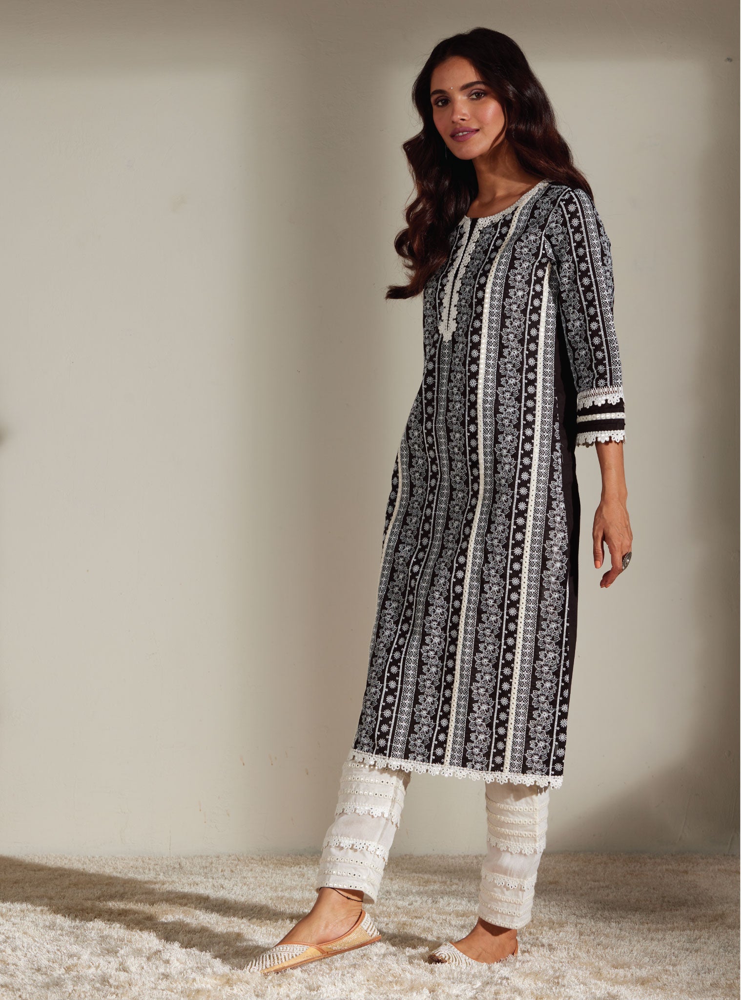 Mulmul Cotton Patricia Black Kurta with Mulmul Cotton Mirror Gota White Pant