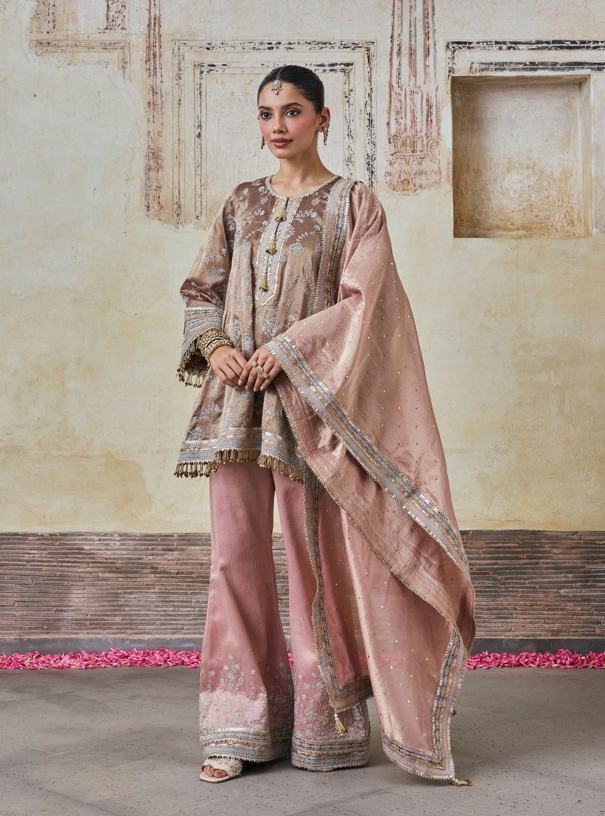 Odhira Tissue Organza Brown & Pink Kurta Set