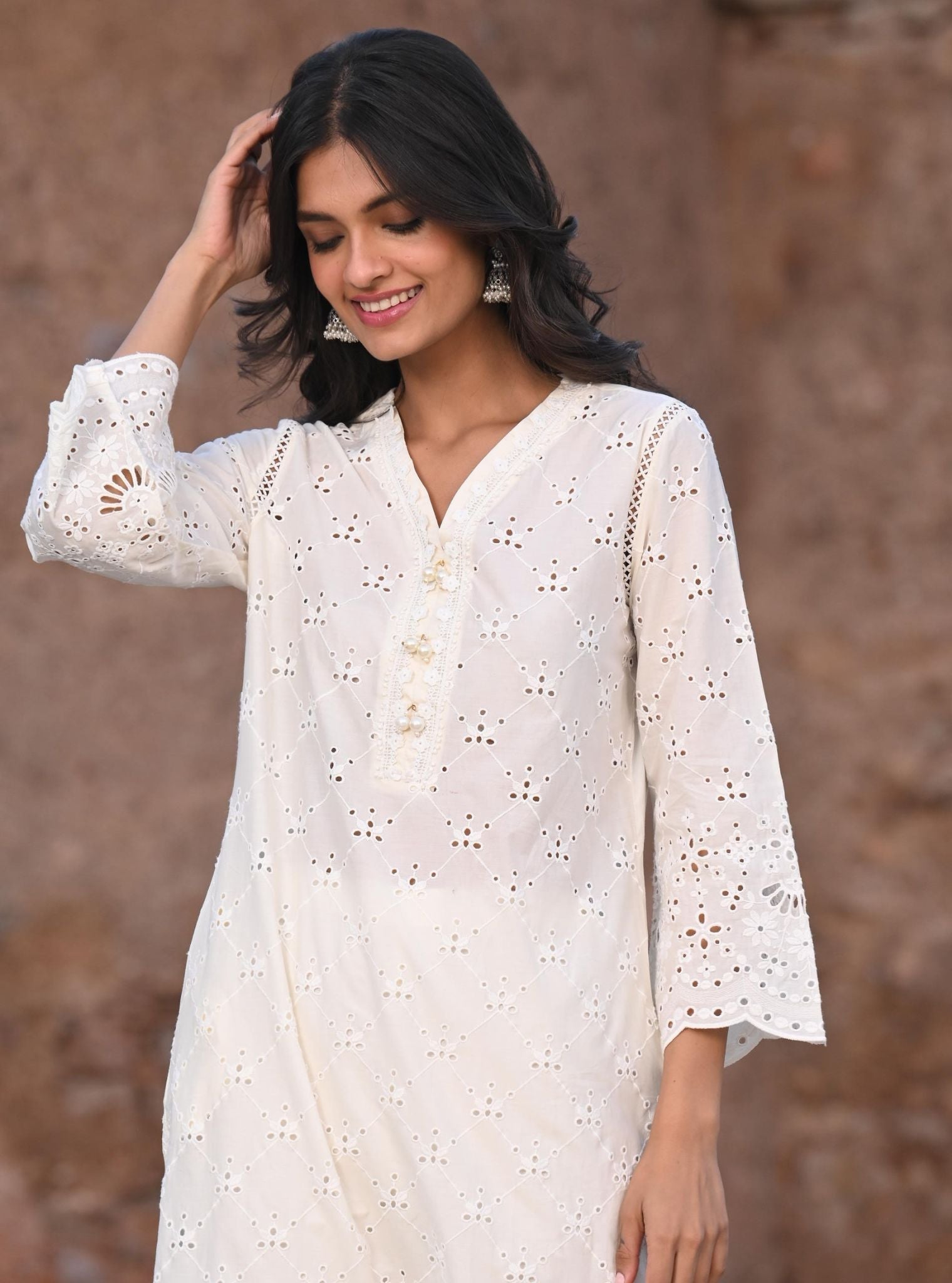 Mulmul Cotton Perth White Kurta With Lola White Pant