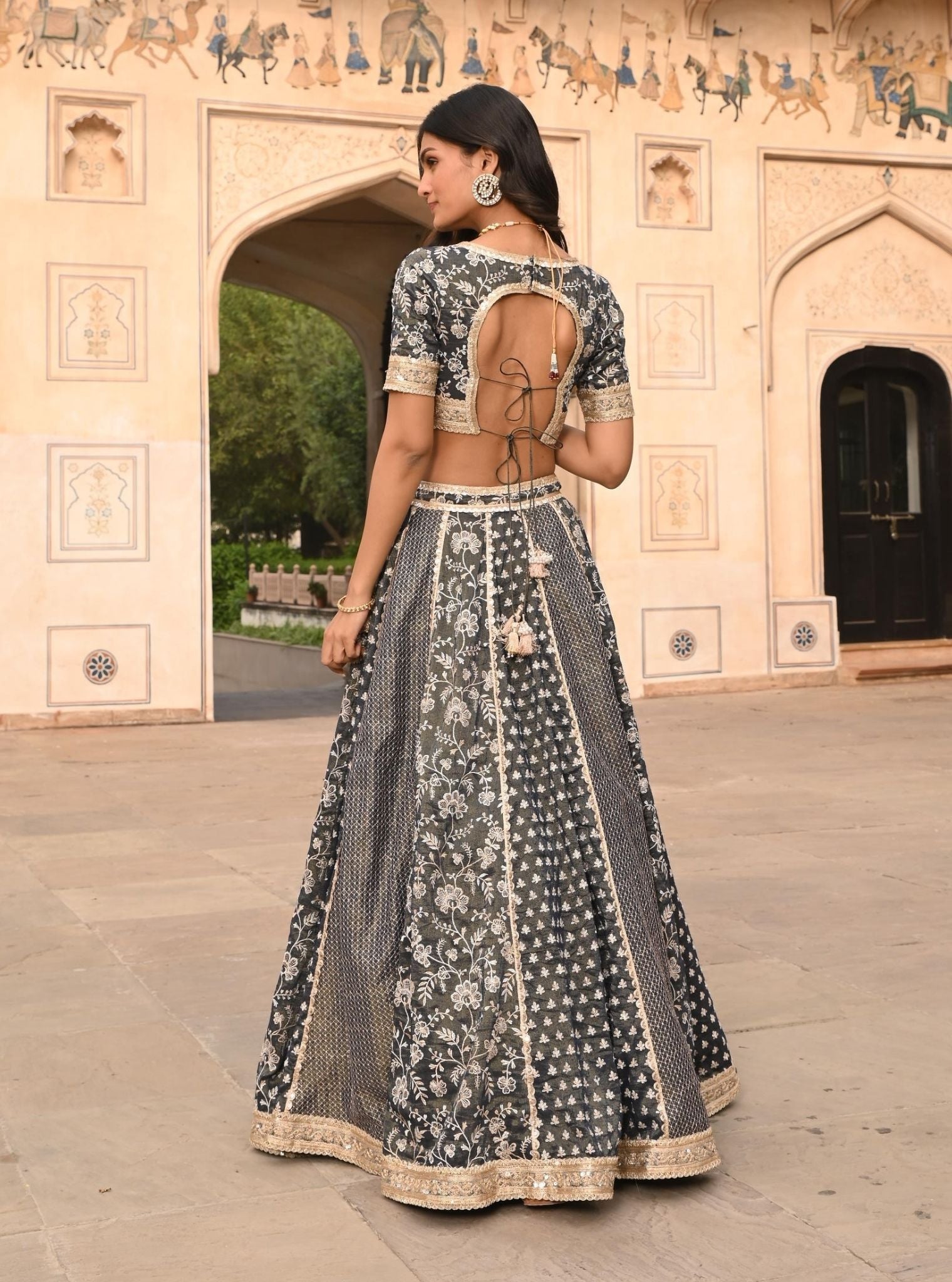 Mulmul Luxe Tissue Satin Deewani Navy Lehenga