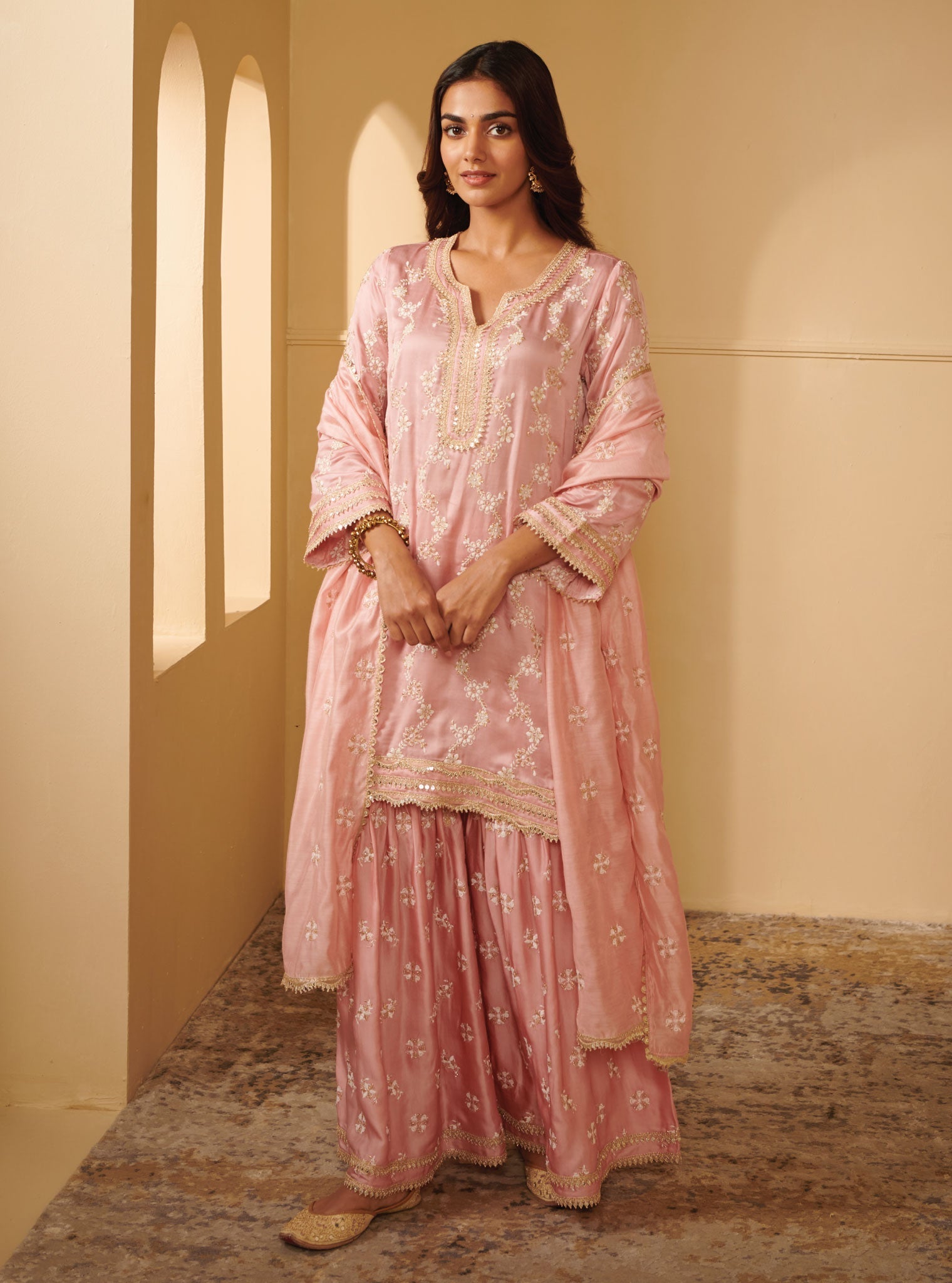 Mulmul Cupro Silk Avinya Pink Kurta With Avinya Pink Garara