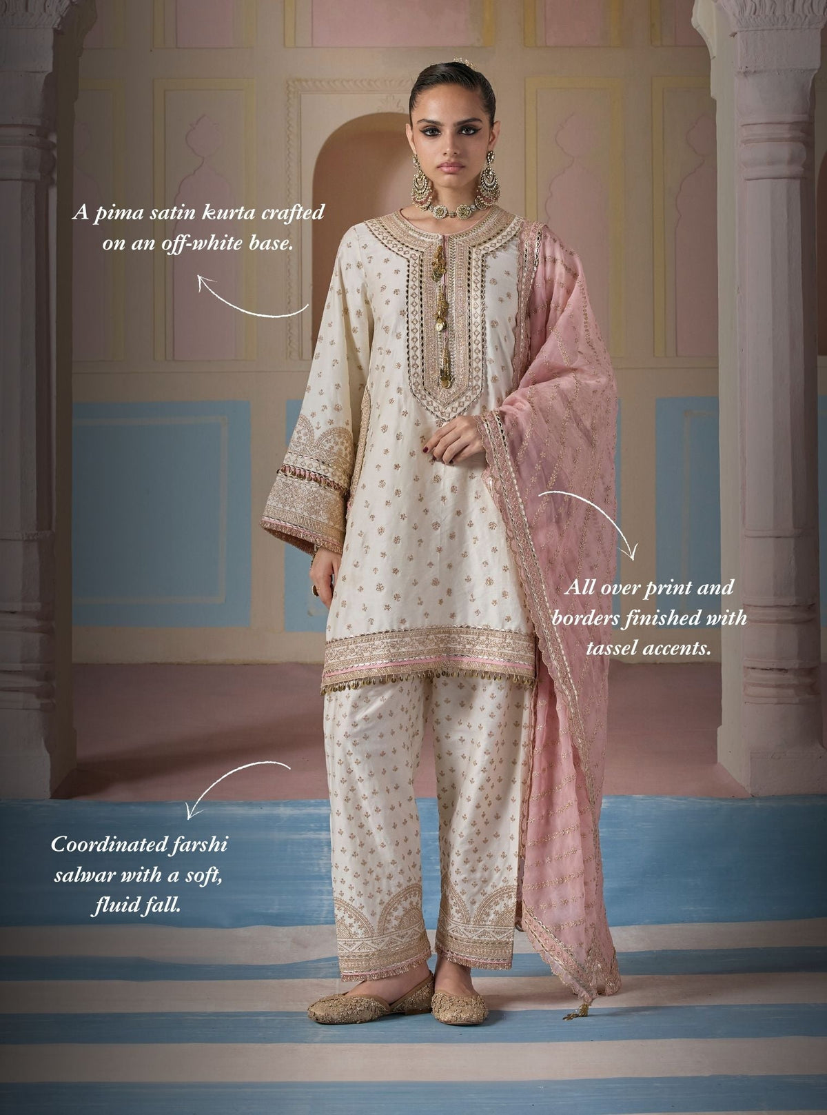 Sairi Pima Satin Off White Short Kurta Set
