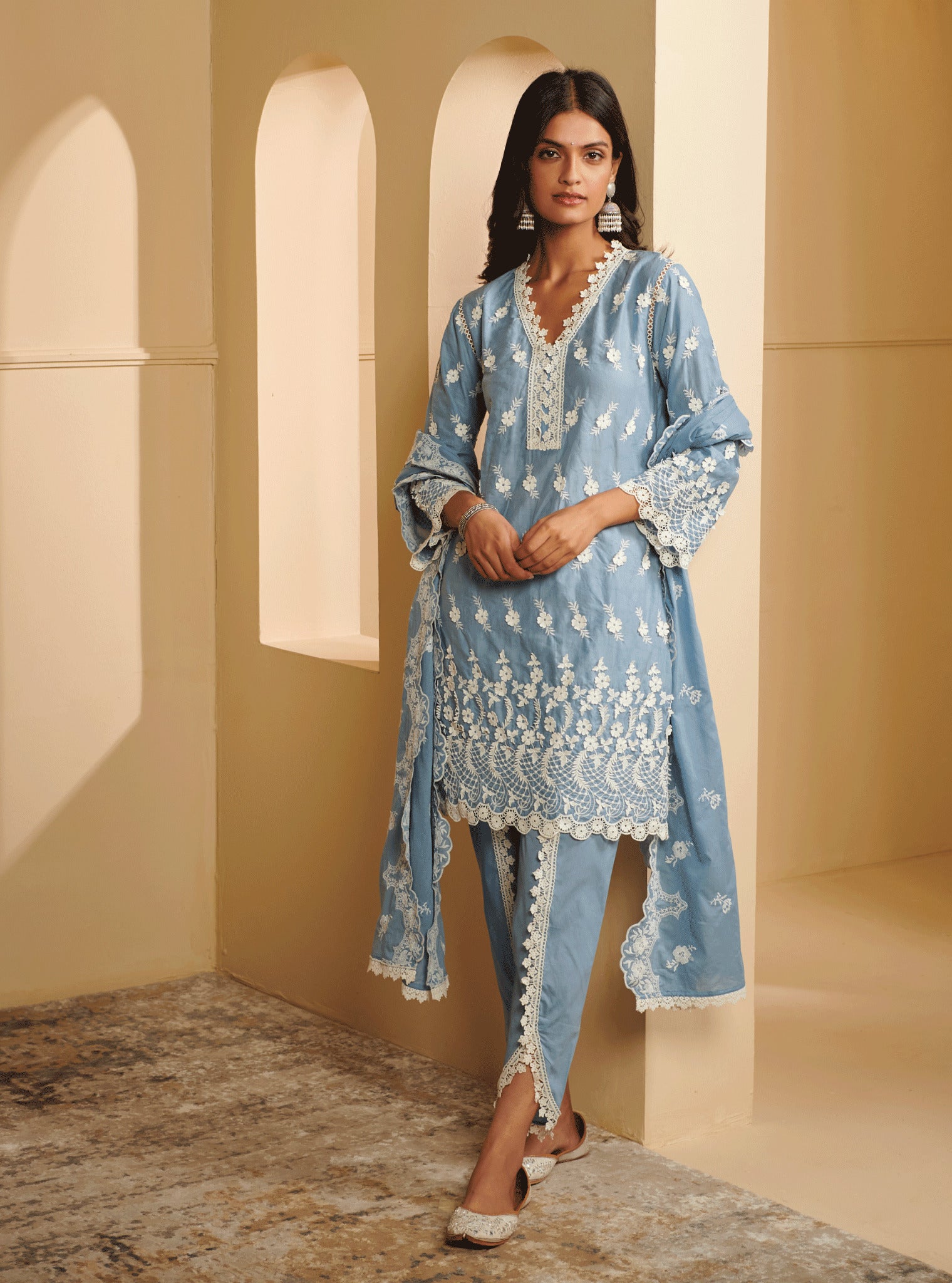 Mulmul Cotton Tilari Blue Kurta With Tilari Blue Dhoti pant