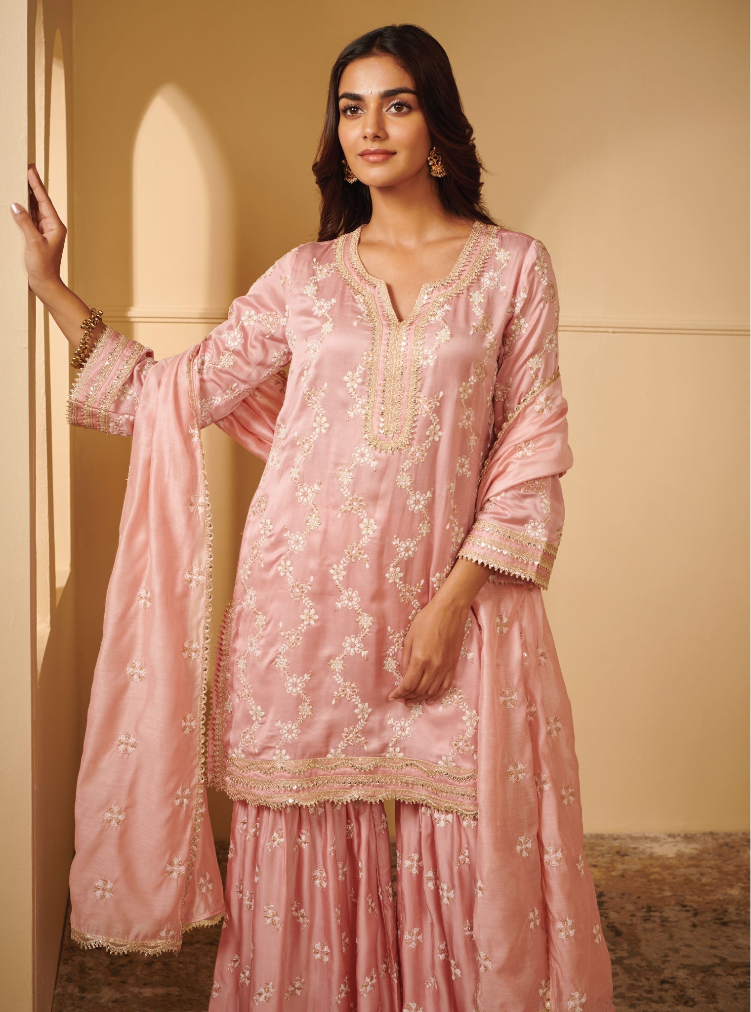 Mulmul Cupro Silk Avinya Pink Kurta With Avinya Pink Garara