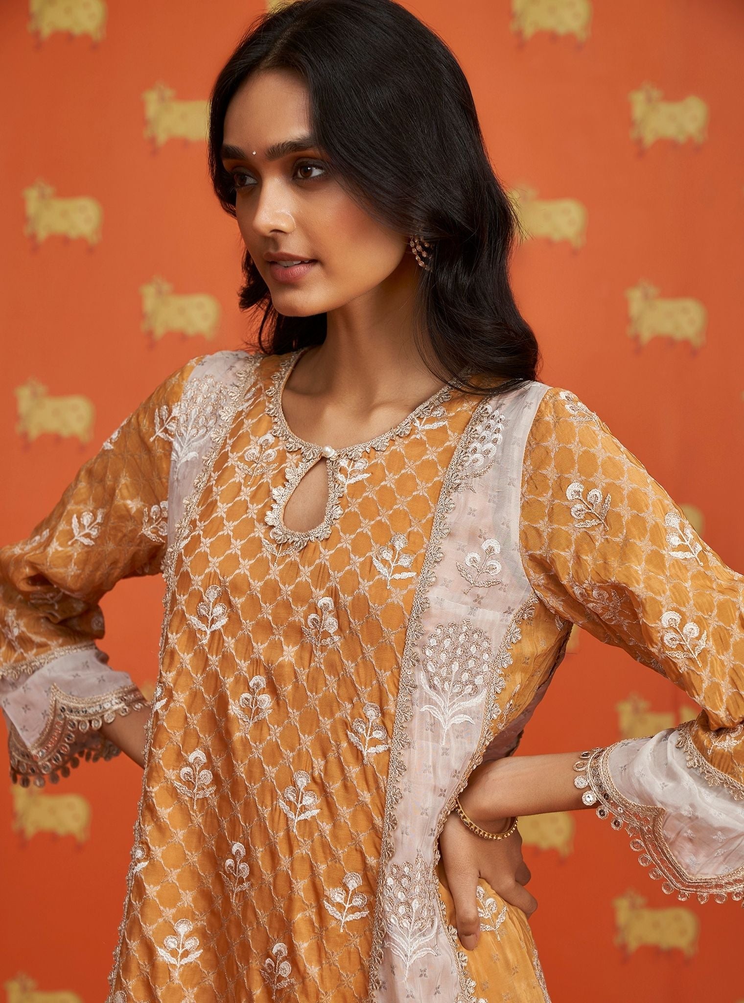 Mulmul Banarsi Kairee Mustard Kurta With Mulmul Banarsi Kairee Mustard Pant