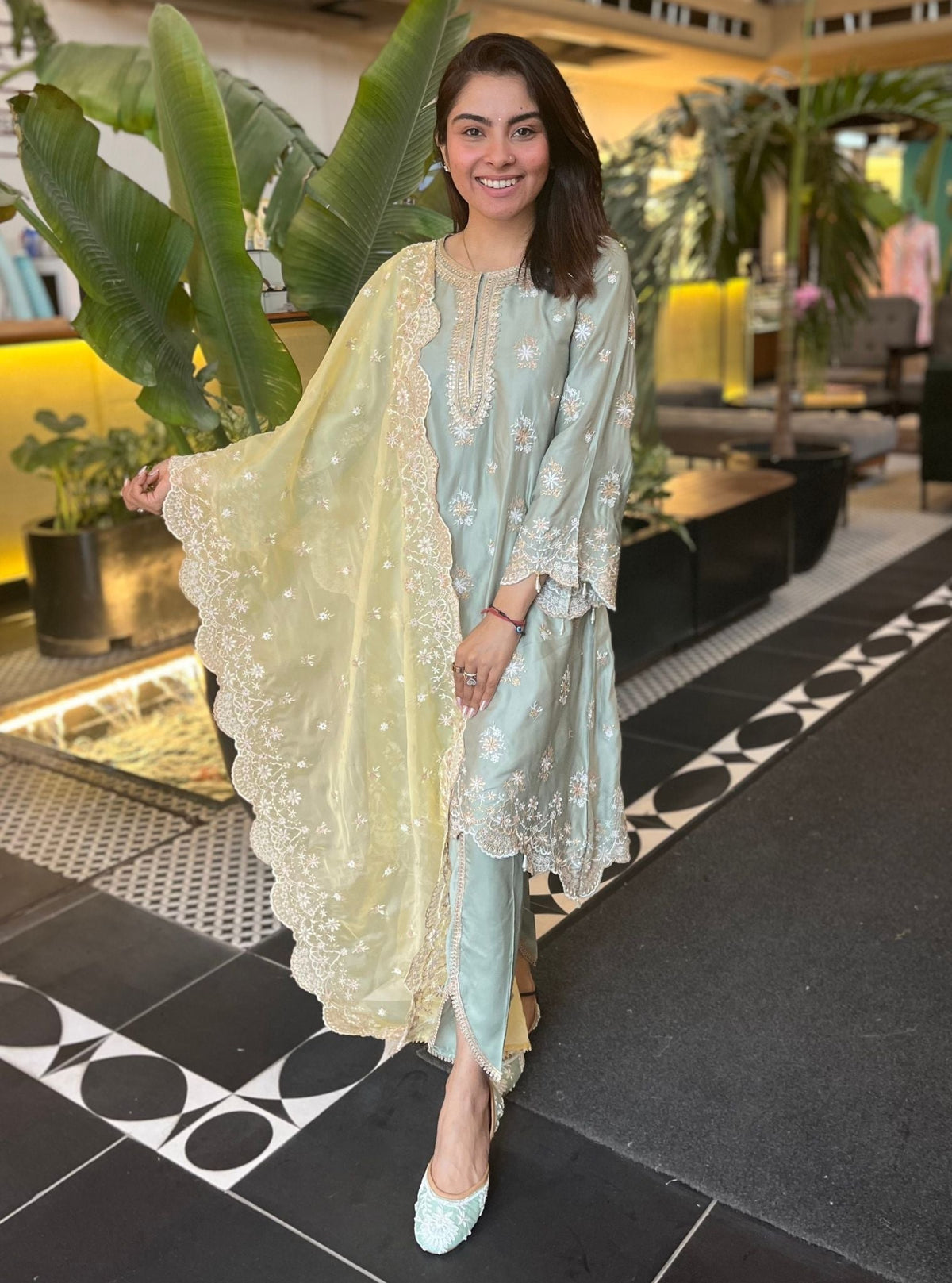 Kangna Cupro Satin Sage Green Kurta Set