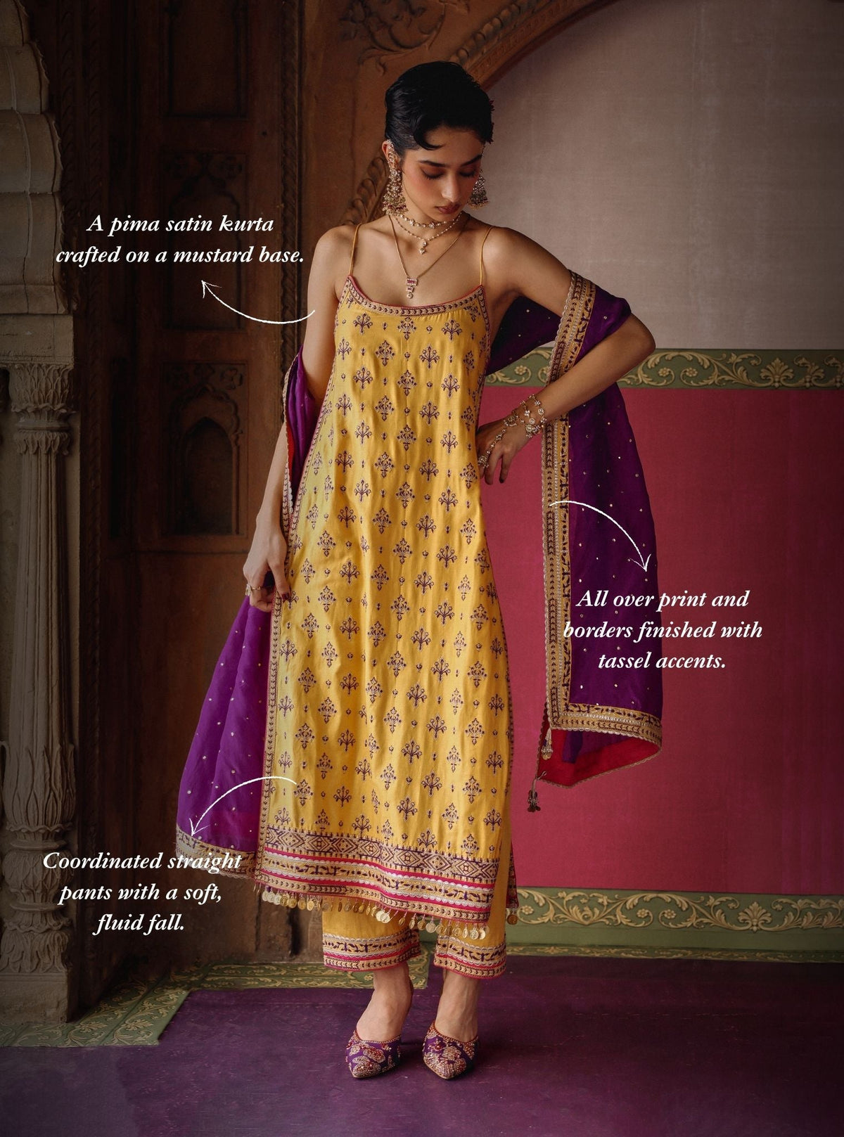 Tori Pima Satin Mustard Strappy Long Kurta Set