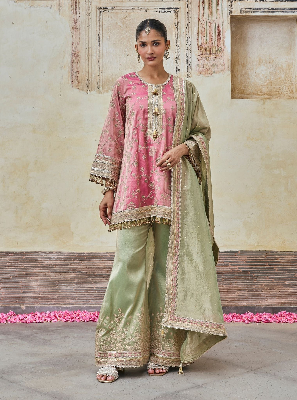 Odhira Tissue Organza Fuchsia & Green Sharara Set