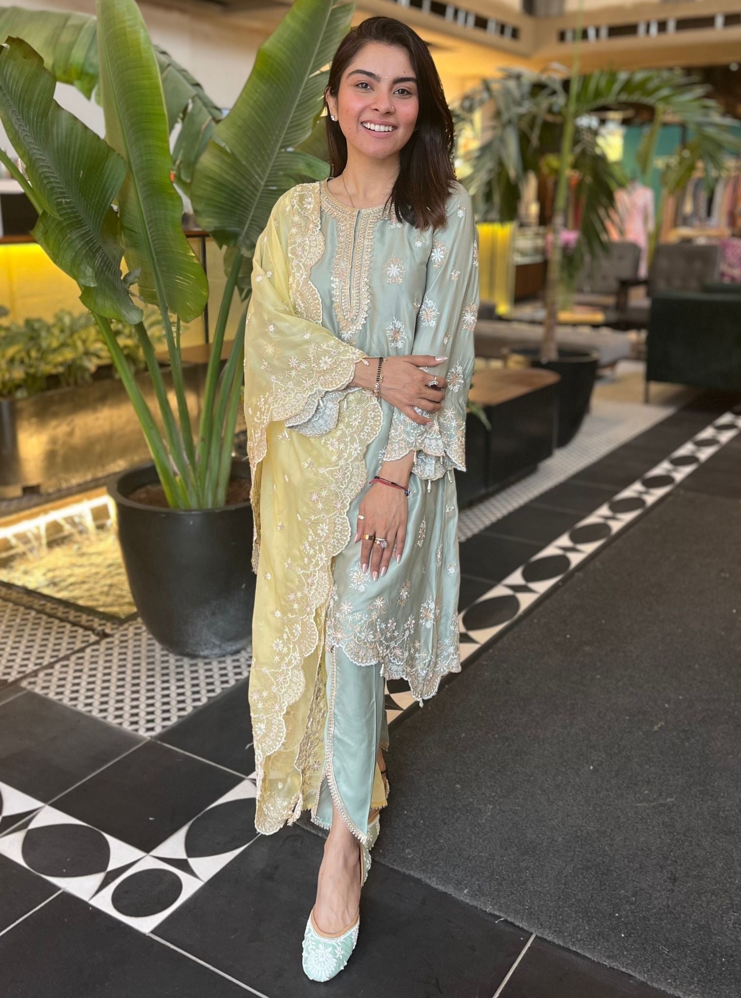 Kangna Cupro Satin Sage Green Kurta Set