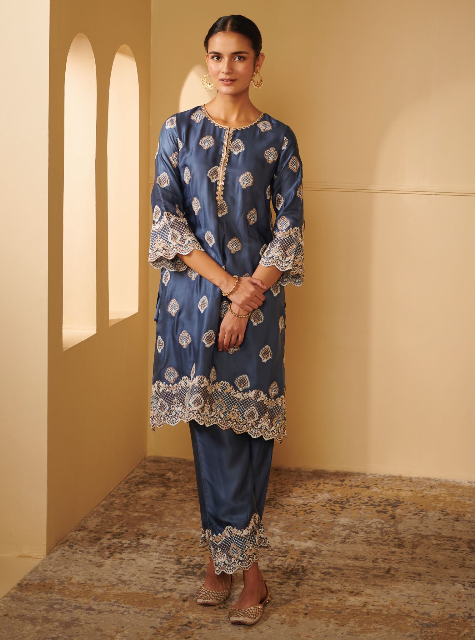 Mulmul Cupro Silk Atya Blue Kurta With Atya Blue Pant