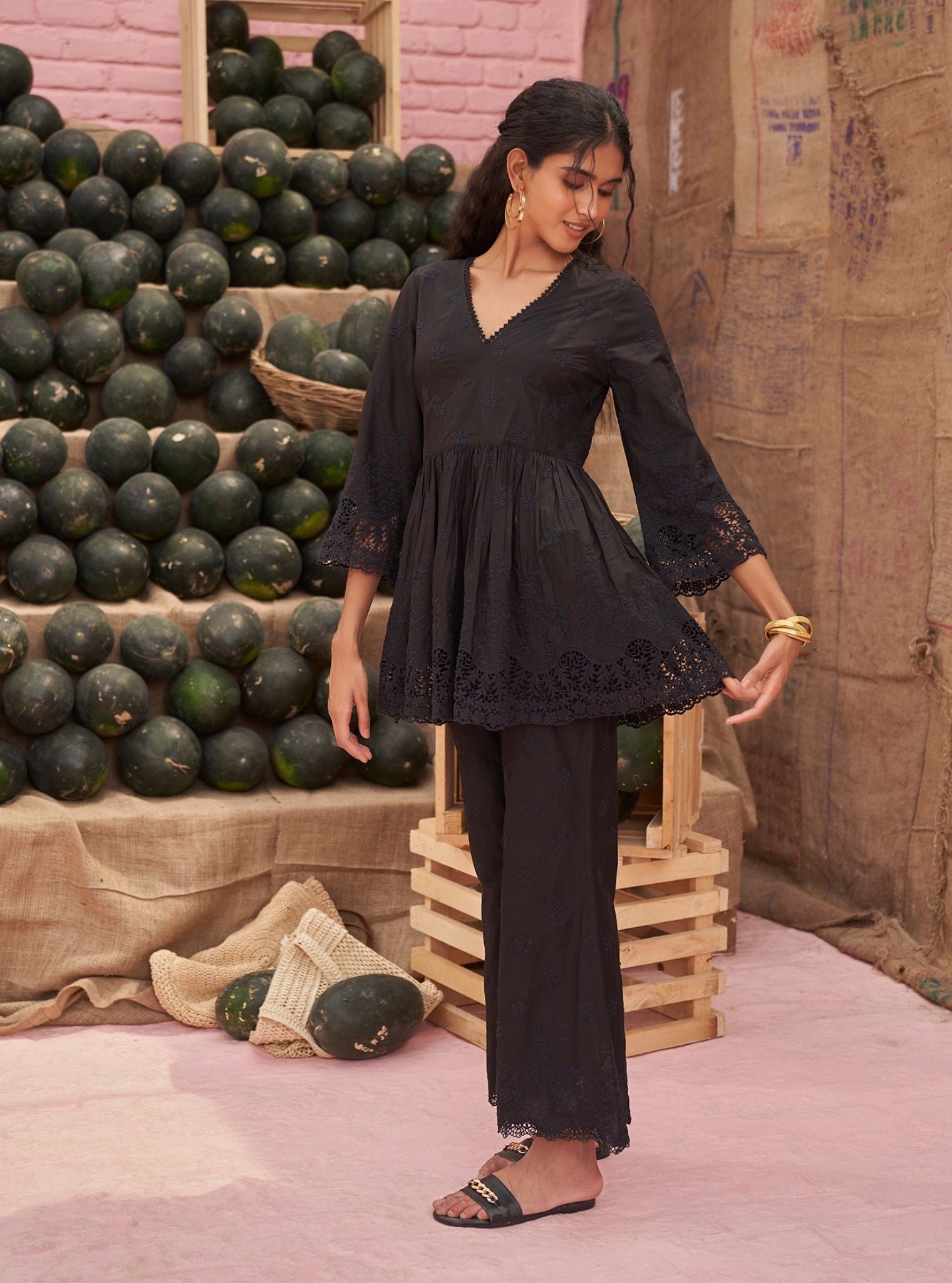 Mulmul Cotton Cilou Black Top With Mulmul Cotton Cilou Black Pant