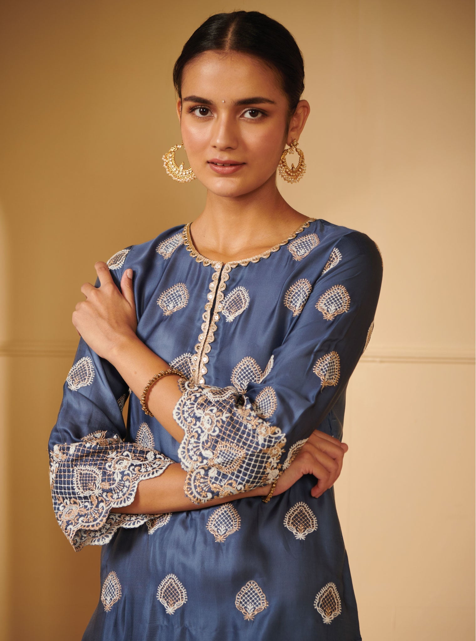 Mulmul Cupro Silk Atya Blue Kurta With Atya Blue Pant