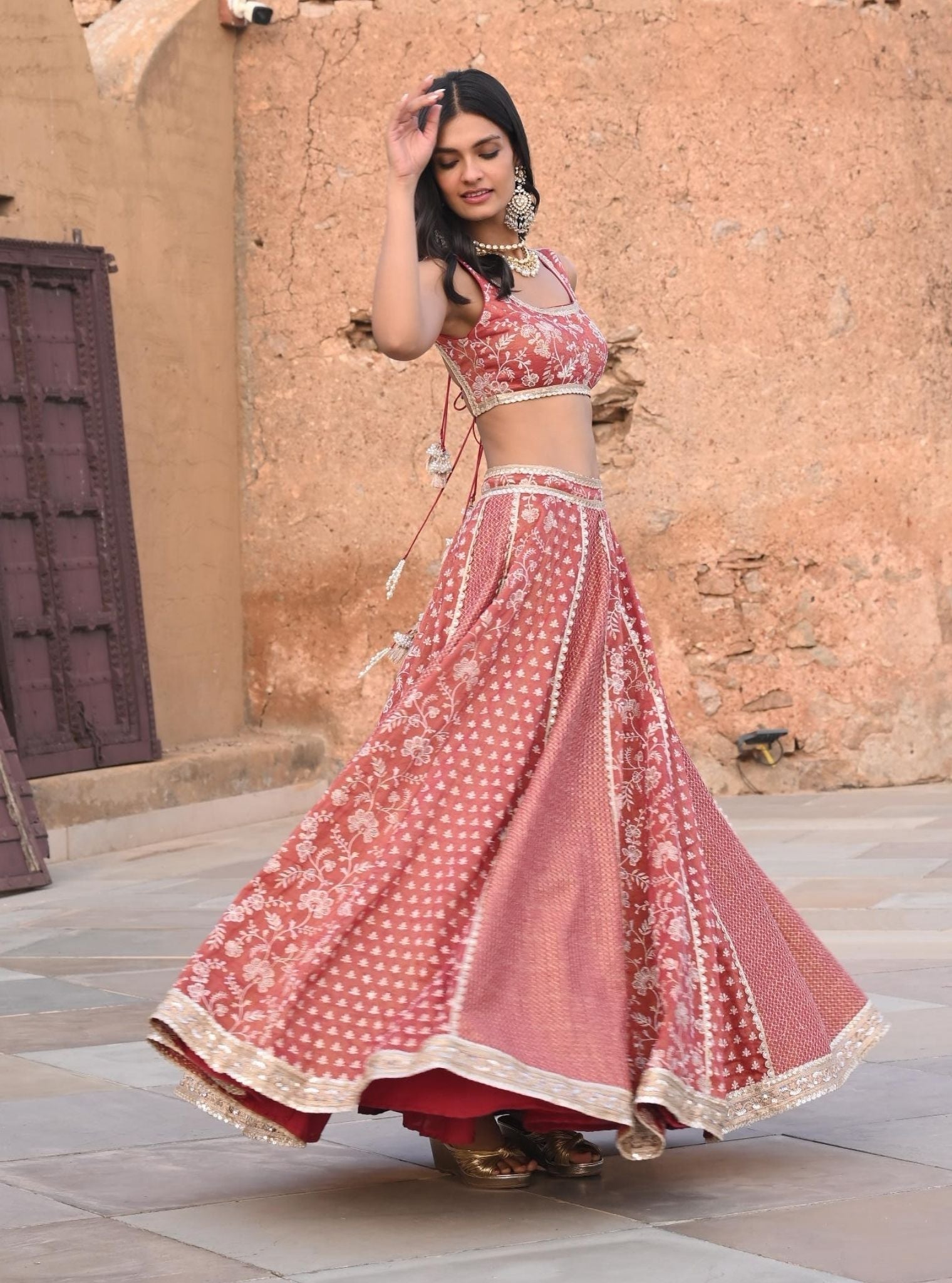 Mulmul Luxe Tissue Satin Deewani Red Lehenga