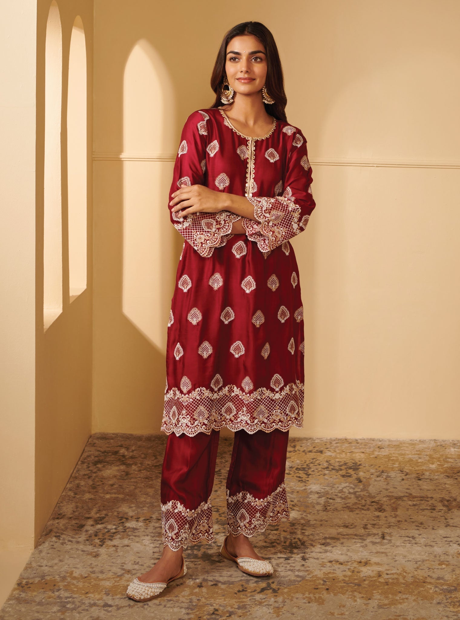 Mulmul Cupro Silk Atya Wine Kurta With Atya Wine Pant