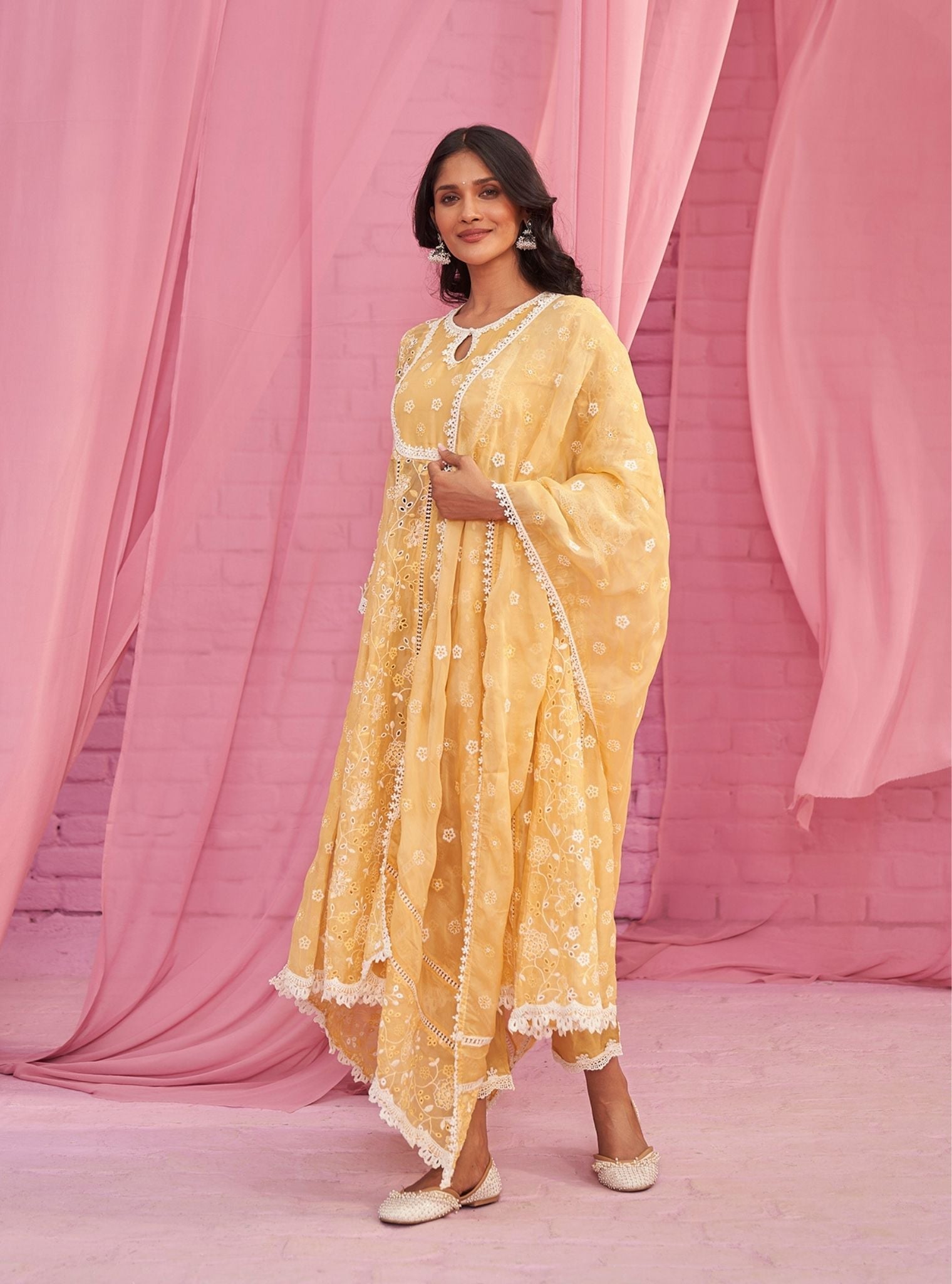 Mulmul Organza Britney Yellow Anarkali Kurta With Mulmul Cotton Britney Yellow Pant