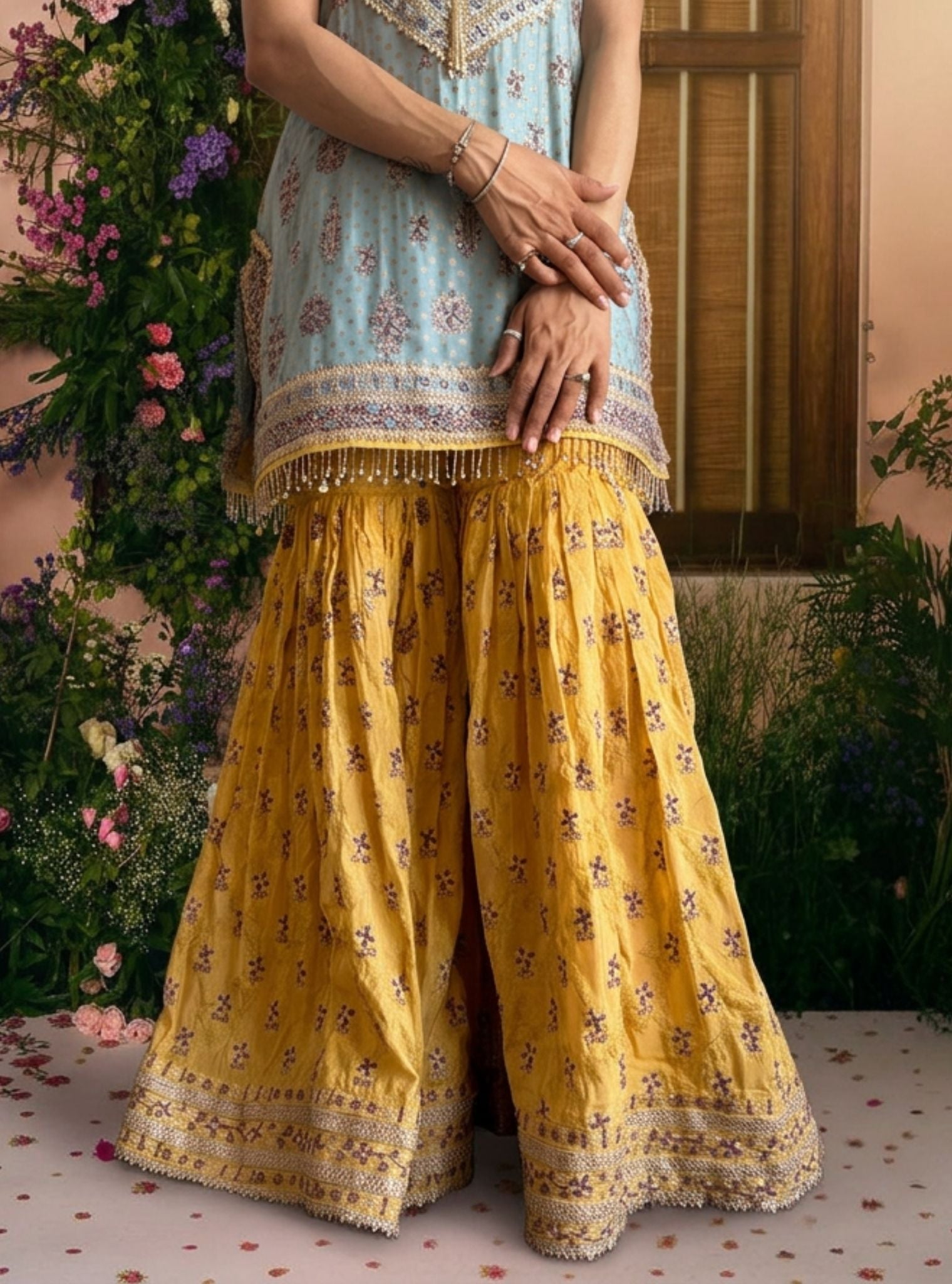 Dali Banarasi Blue Kurta with Mustard Garara
