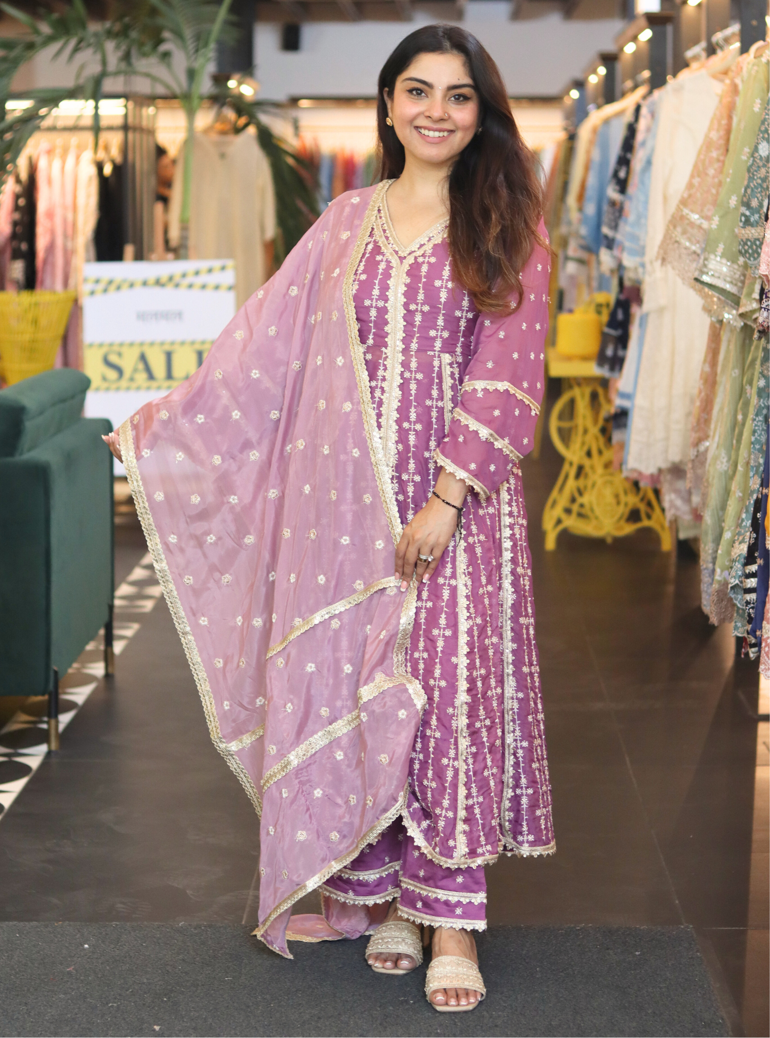 Mulmul Organza Simhi Anarkali Lilac Kurta with Mulmul Pima Simhi Lilac Pant