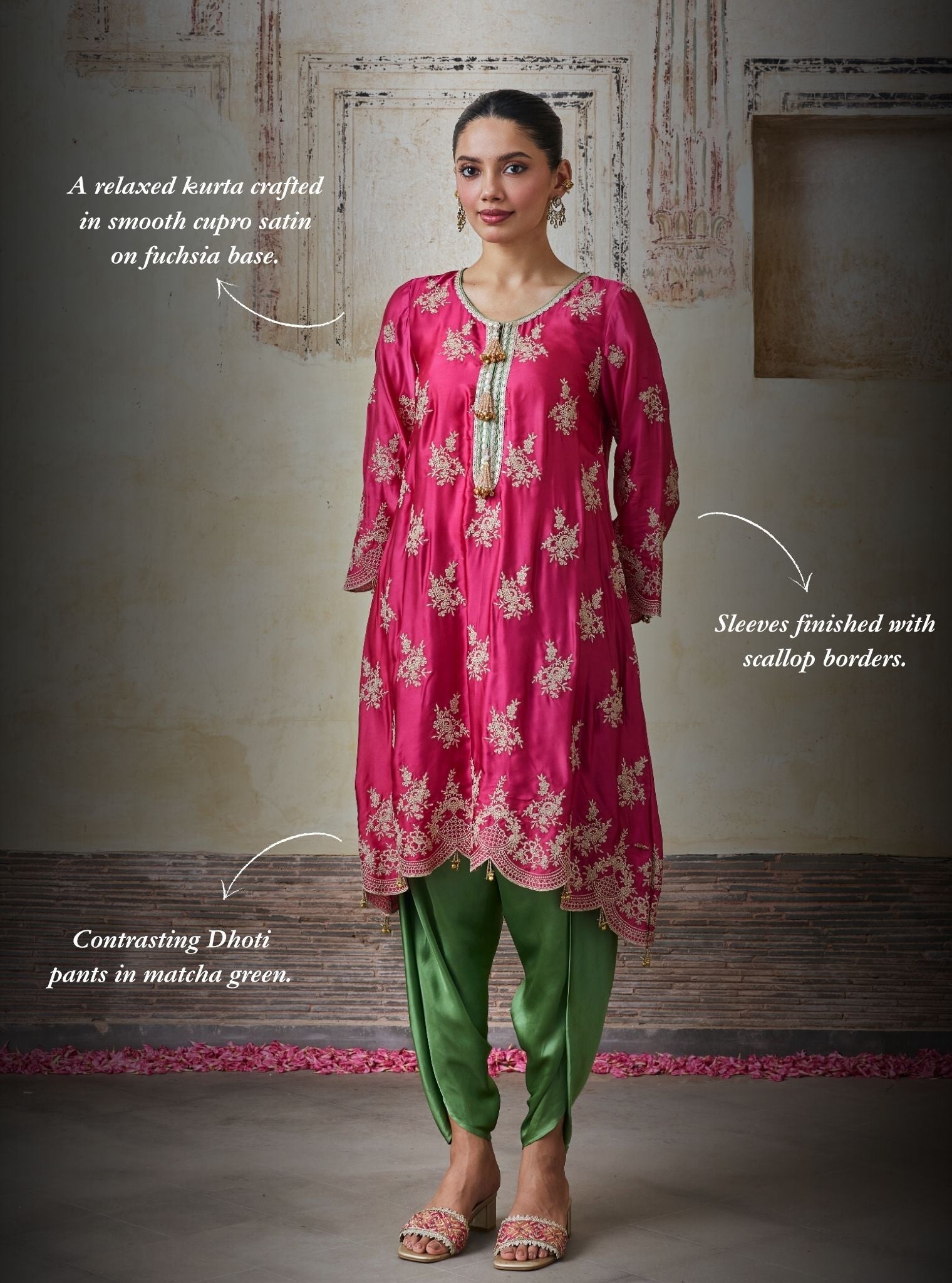 Saazni Cupro Satin Fuchsia Kurta with Matcha Green Dhoti Pants