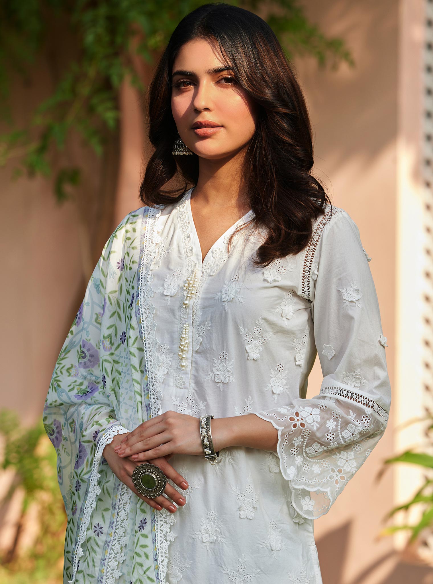 Mulmul Cotton Reeva Off White Kurta with Mulmul Cotton Reeva Off White Pant