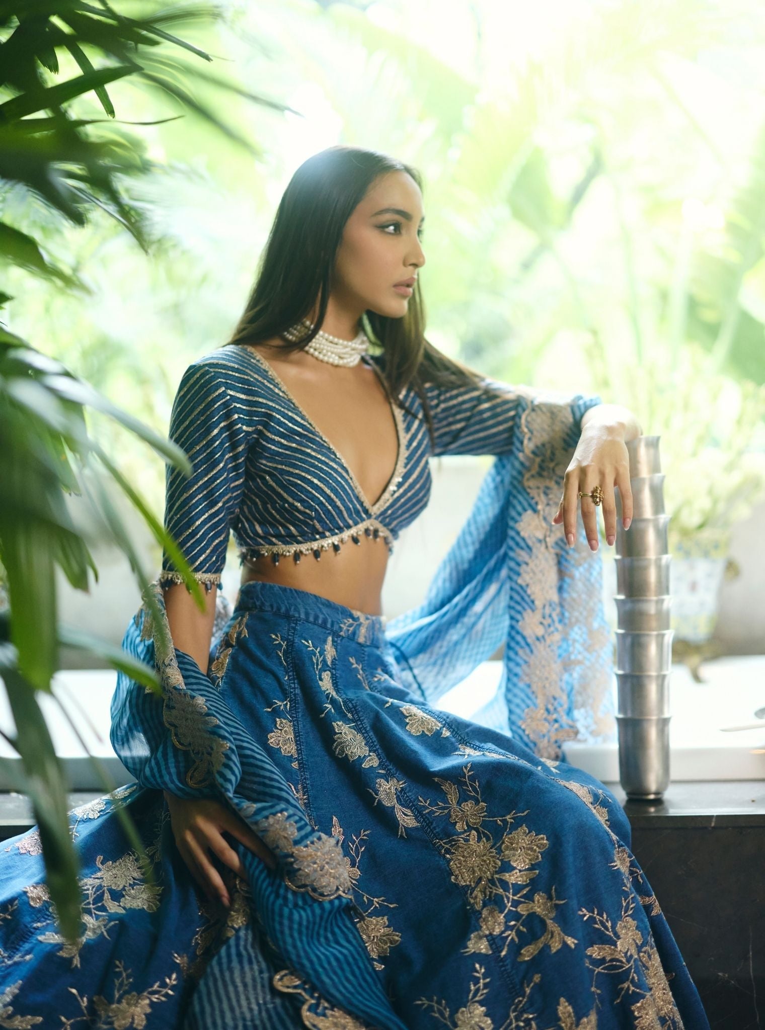 Mulmul Organza Stripe Printed Navi Denim Dupatta