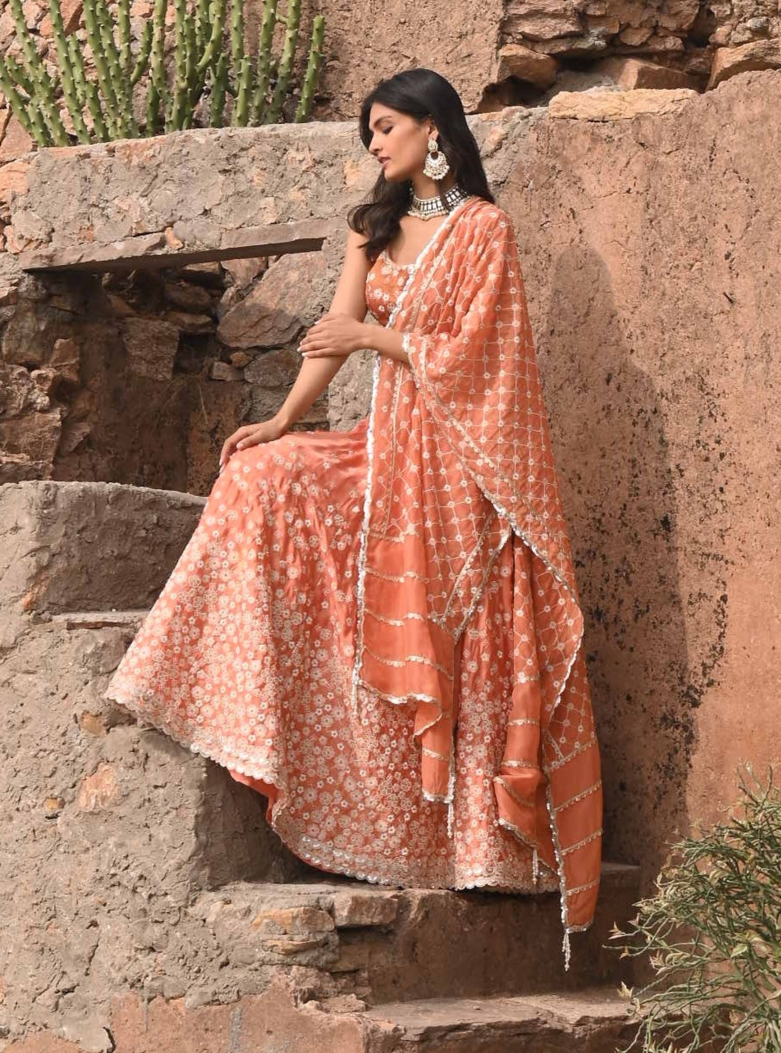 Mulmul Organza Satin Baliye Burnt Orange Lehenga