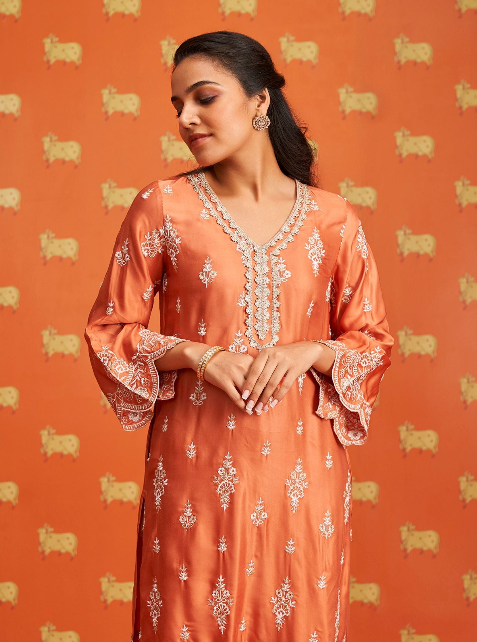 Emon Cupro Satin Burnt Orange Kurta Set