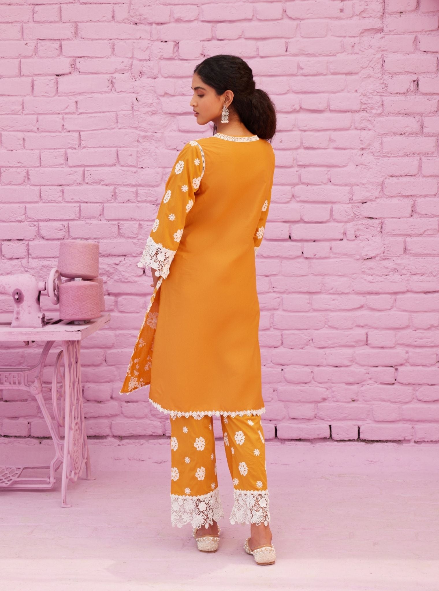 Mulmul Cotton Roli Orange Kurta With Mulmul Cotton Roli Orange Pant