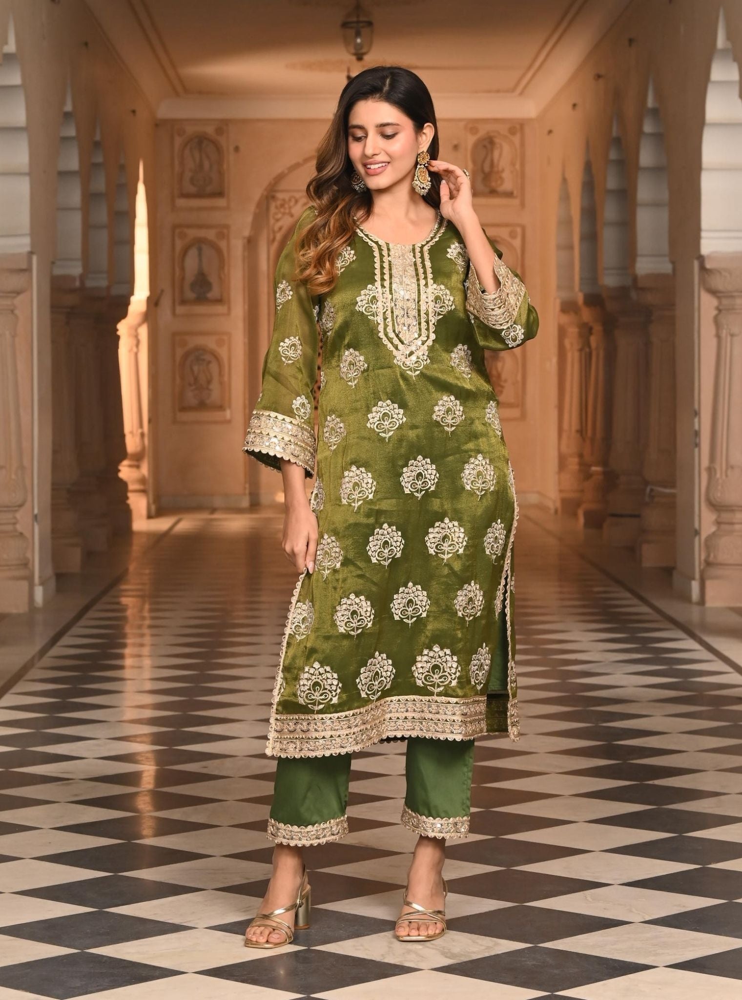 Mulmul Luxe Tissue Kasuri Moss Green Kurta with Mulmul Pima Satin Kasuri Moss Green Pant