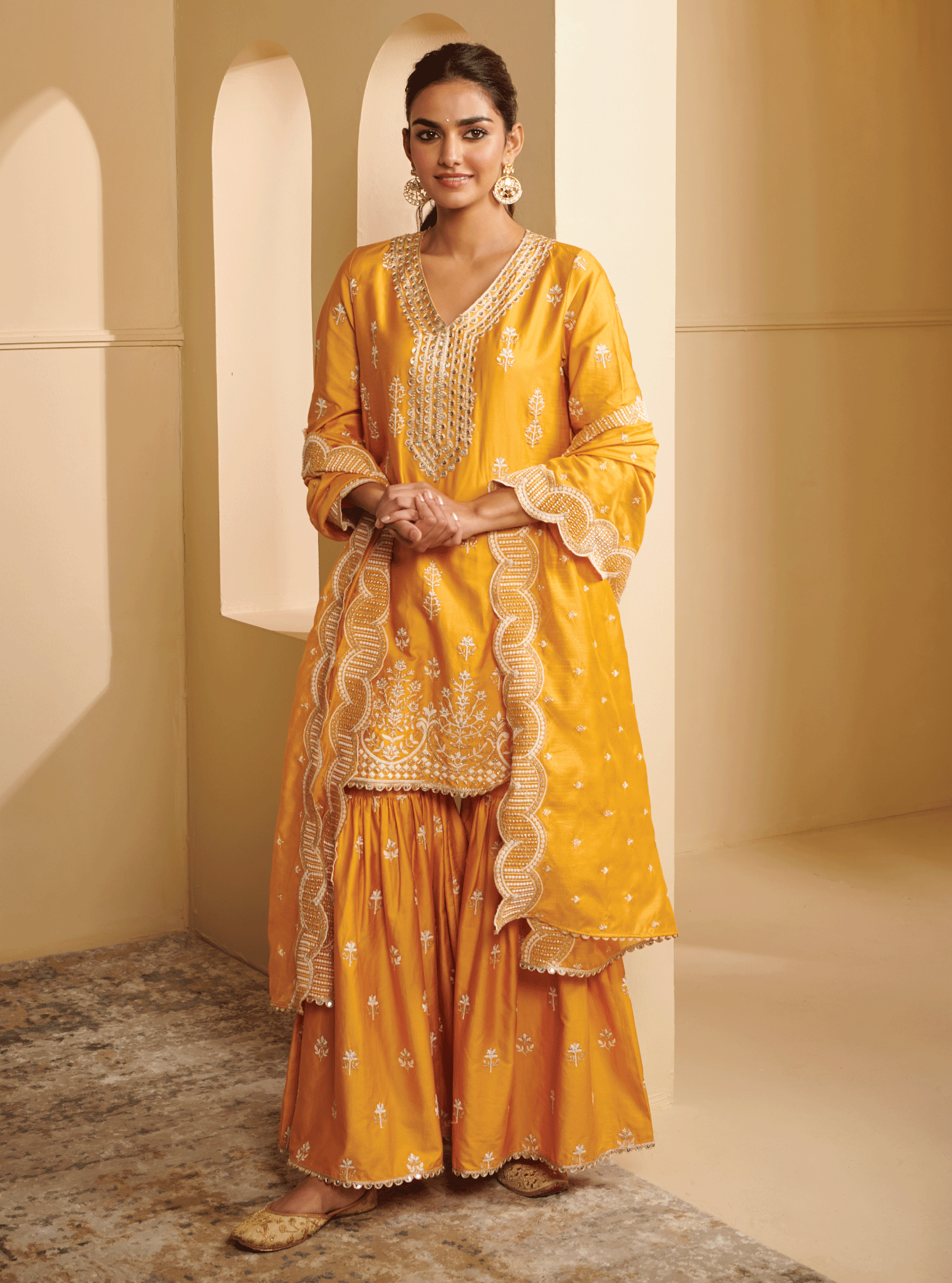 Mulmul Pima Satin Avathi Yellow Kurta With Avathi Yellow Garara