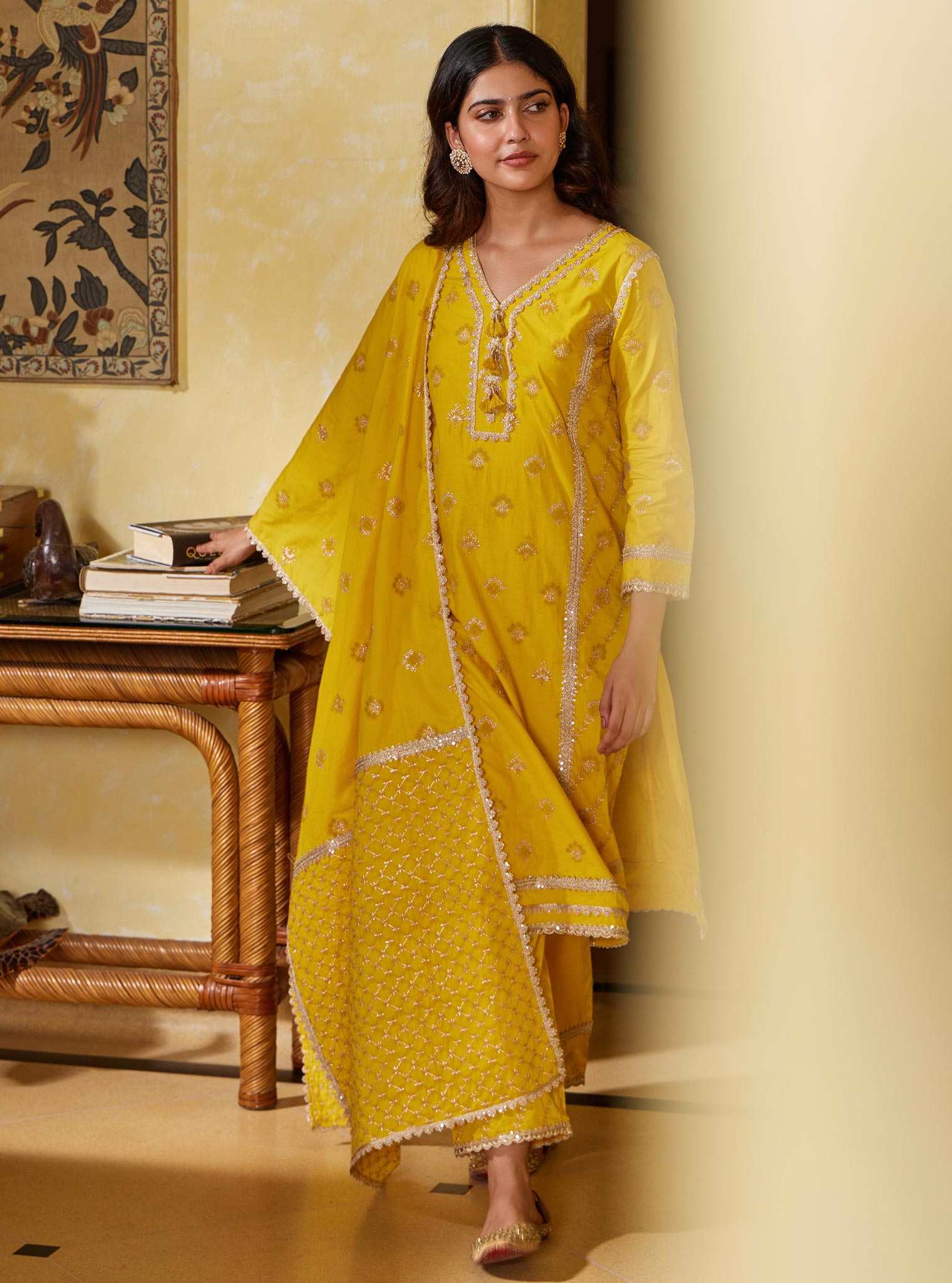 Mulmul Cotton Titli Yellow Kurta with Mulmul Cotton Titli Yellow Pant