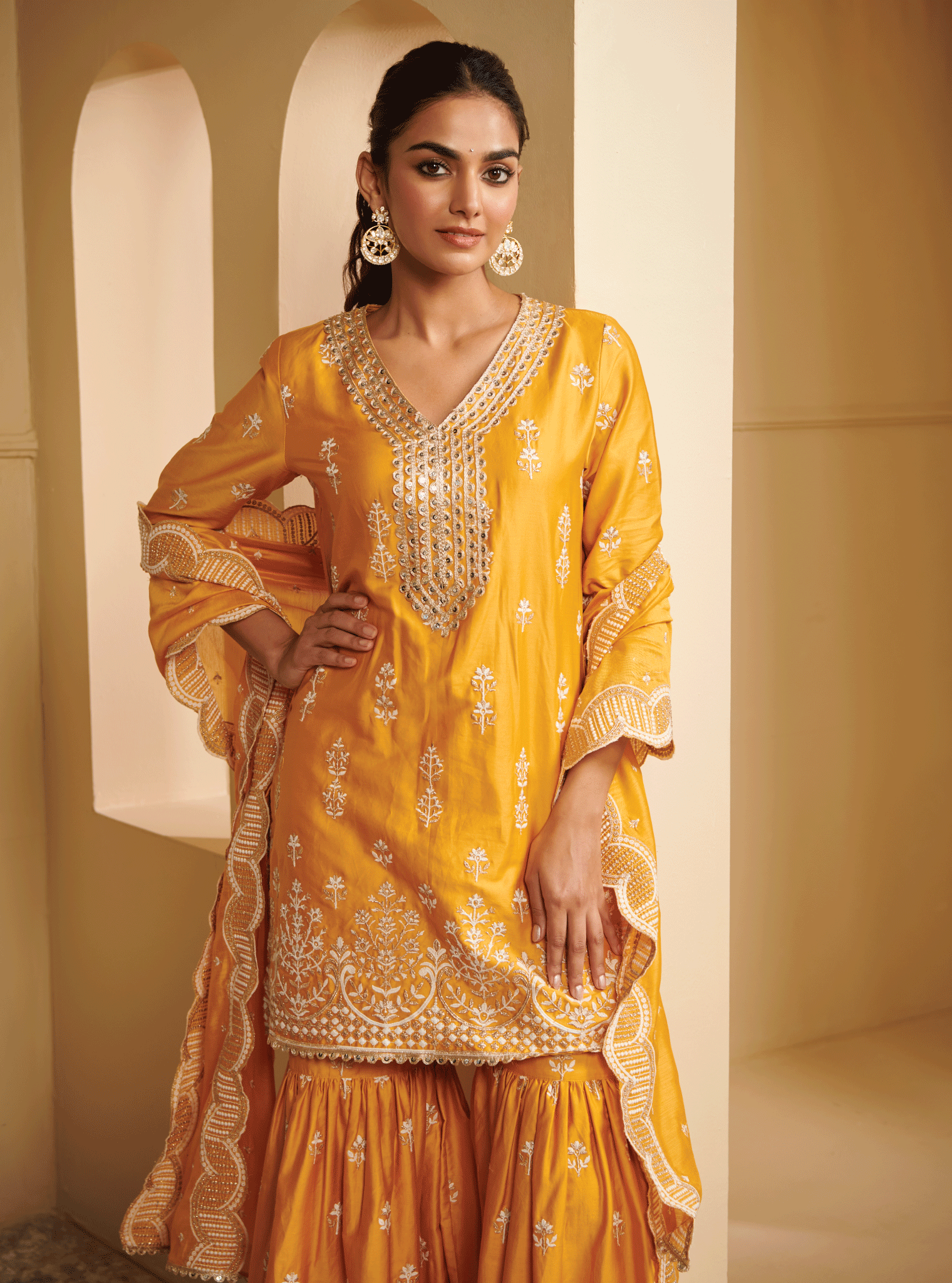 Mulmul Pima Satin Avathi Yellow Kurta With Avathi Yellow Garara