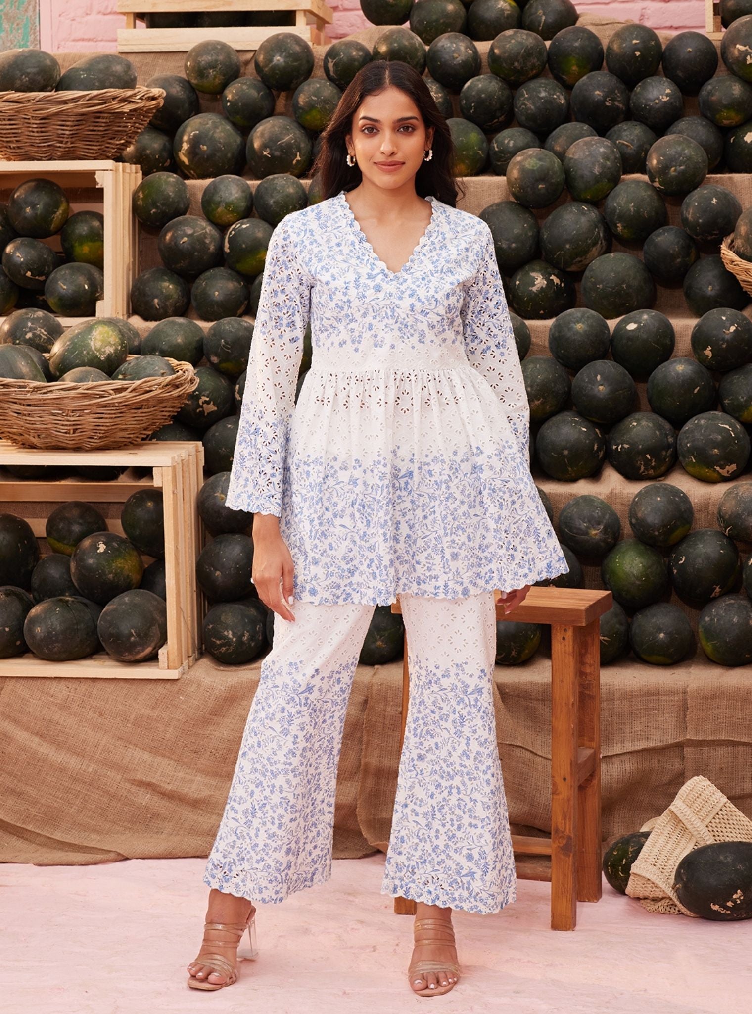 Mulmul Cotton Frida White Blue Print Top With Mulmul Cotton Frida White Blue Print Pant