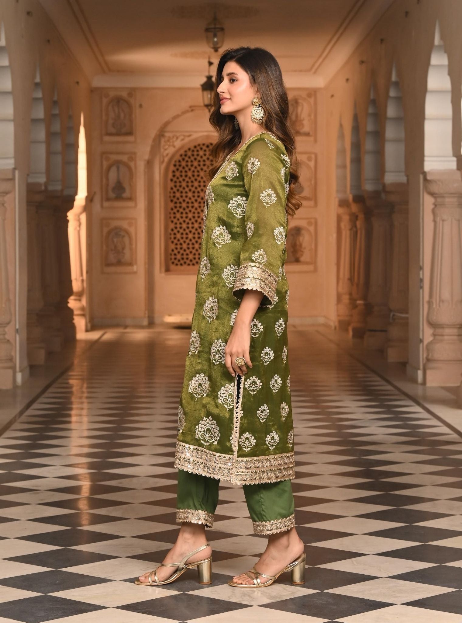 Mulmul Luxe Tissue Kasuri Moss Green Kurta with Mulmul Pima Satin Kasuri Moss Green Pant