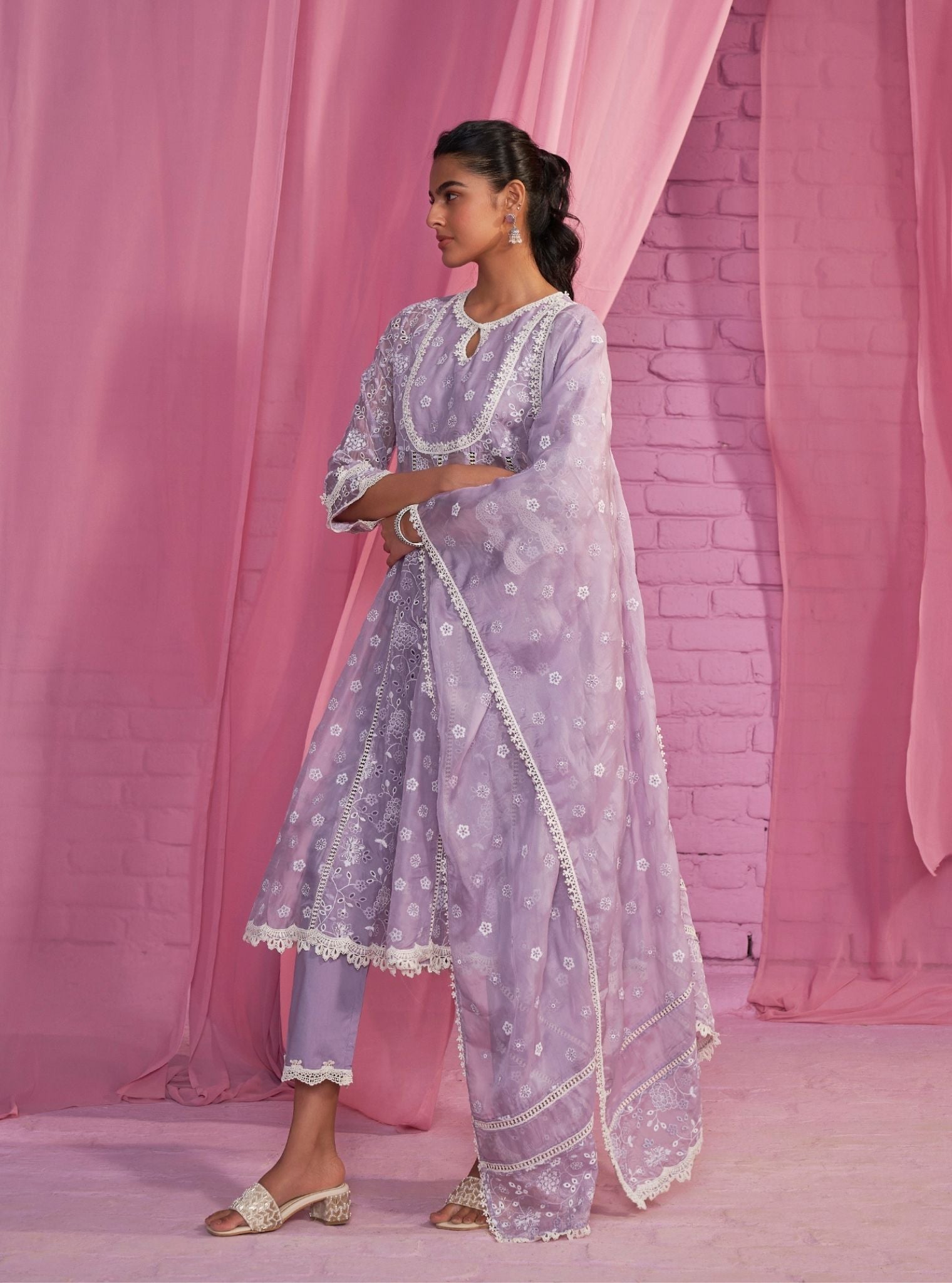 Mulmul Organza Britney Lavender Anarkali Kurta With Mulmul Cotton Britney Lavender Pant