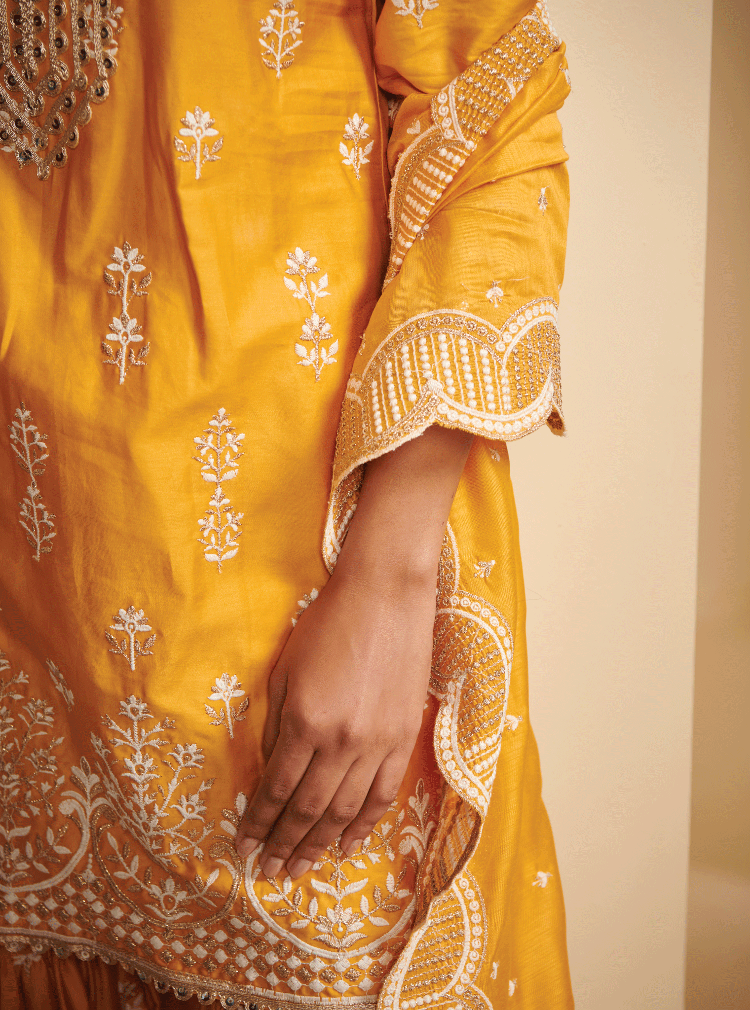 Mulmul Pima Satin Avathi Yellow Kurta With Avathi Yellow Garara