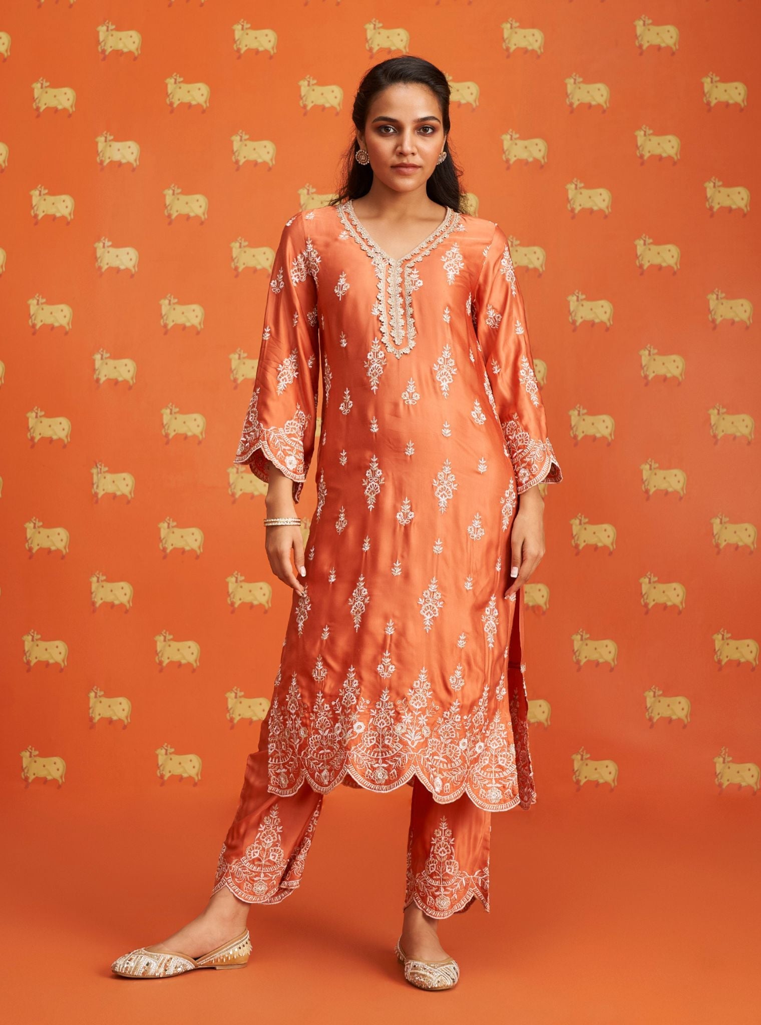 Mulmul Cupro Satin Emon Burnt Orange Kurta With Mulmul Cupro Satin Emon Burnt Orange Pant