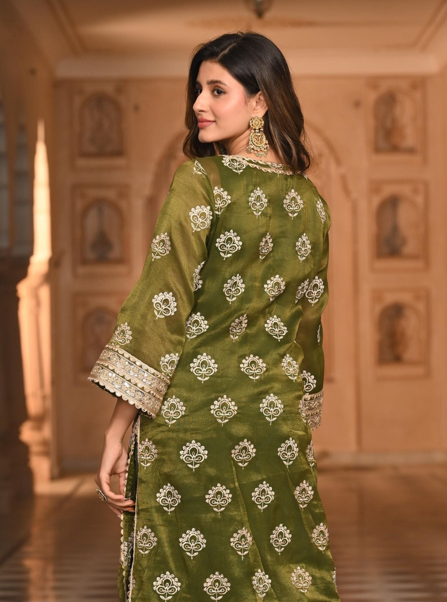 Mulmul Luxe Tissue Kasuri Moss Green Kurta with Mulmul Pima Satin Kasuri Moss Green Pant