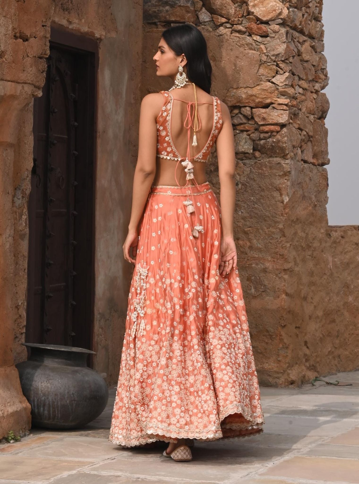 Mulmul Organza Satin Baliye Burnt Orange Lehenga