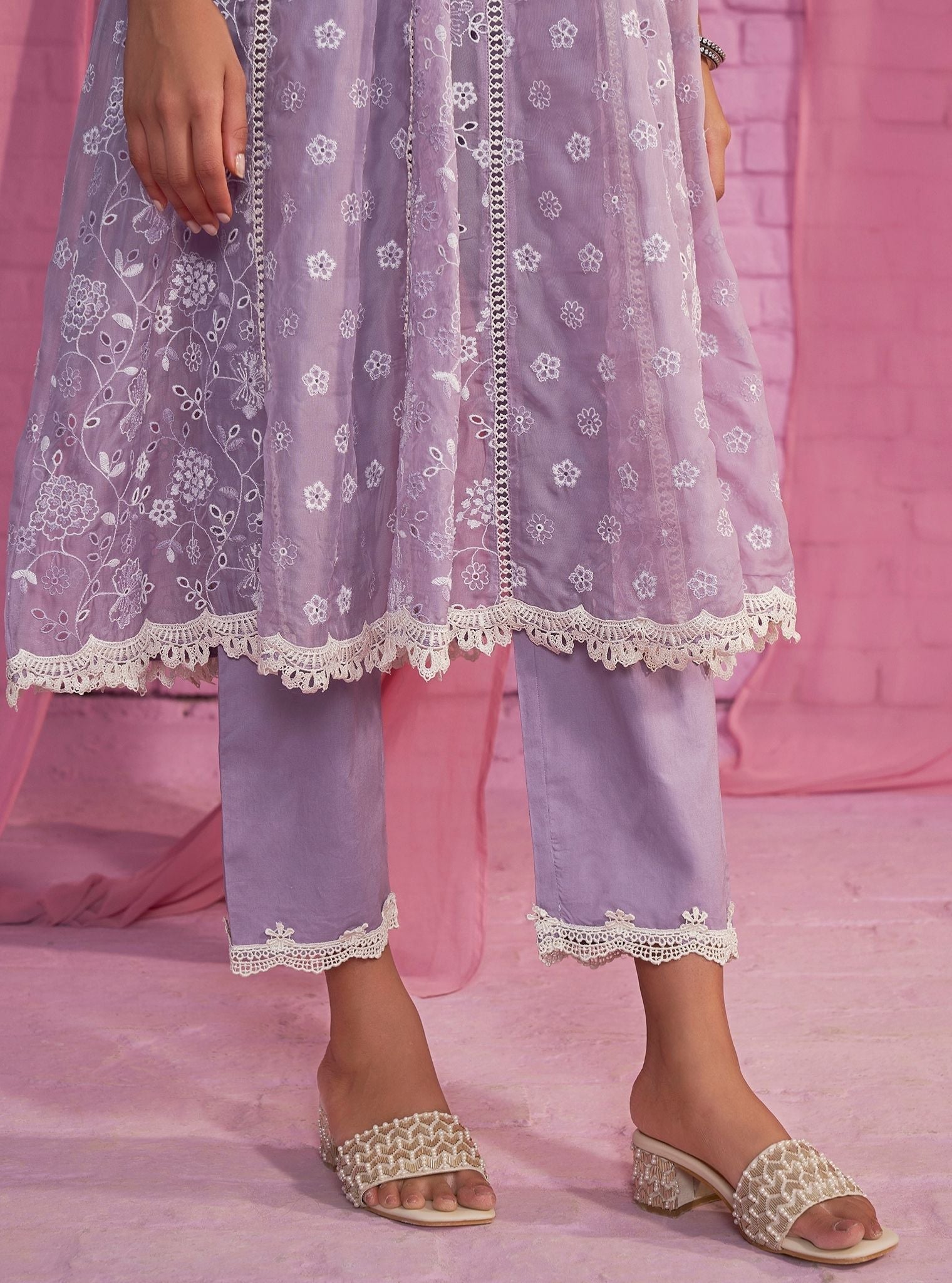 Mulmul Organza Britney Lavender Anarkali Kurta With Mulmul Cotton Britney Lavender Pant