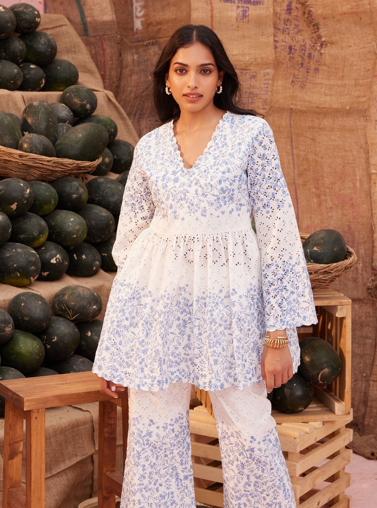 Mulmul Cotton Frida White Blue Print Top With Mulmul Cotton Frida White Blue Print Pant