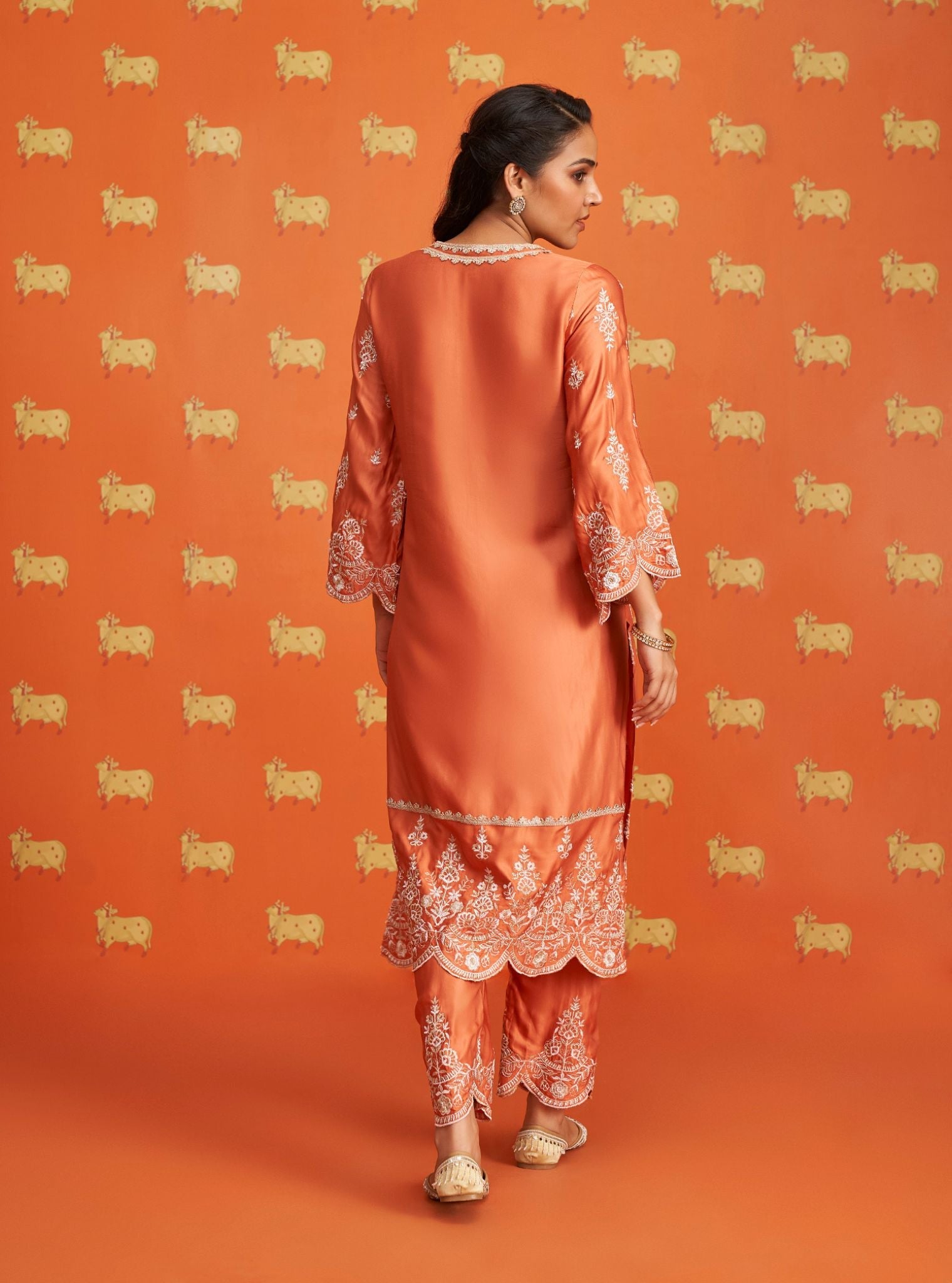 Mulmul Cupro Satin Emon Burnt Orange Kurta With Mulmul Cupro Satin Emon Burnt Orange Pant