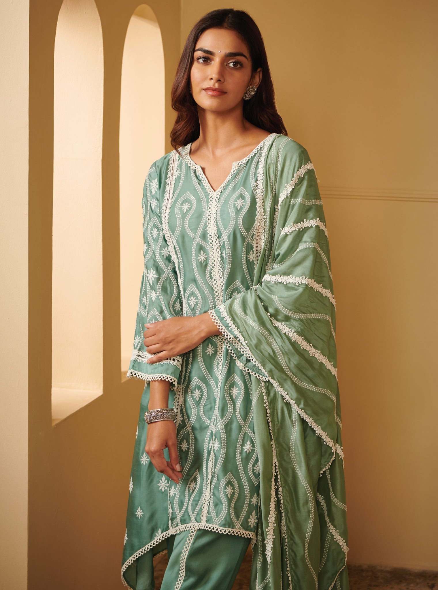 Mulmul Cupro Silk Semya Teal Kurta With Semya Teal Dhoti Pant