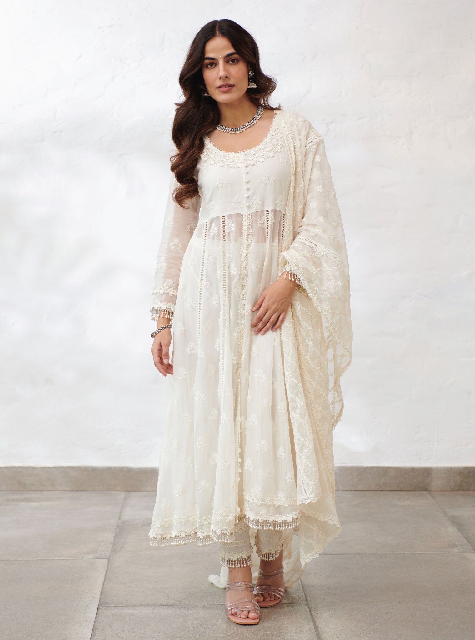 Mulmul Organza Somerset Off White Anarkali Kurta With Cotton Somerset Off White Pant