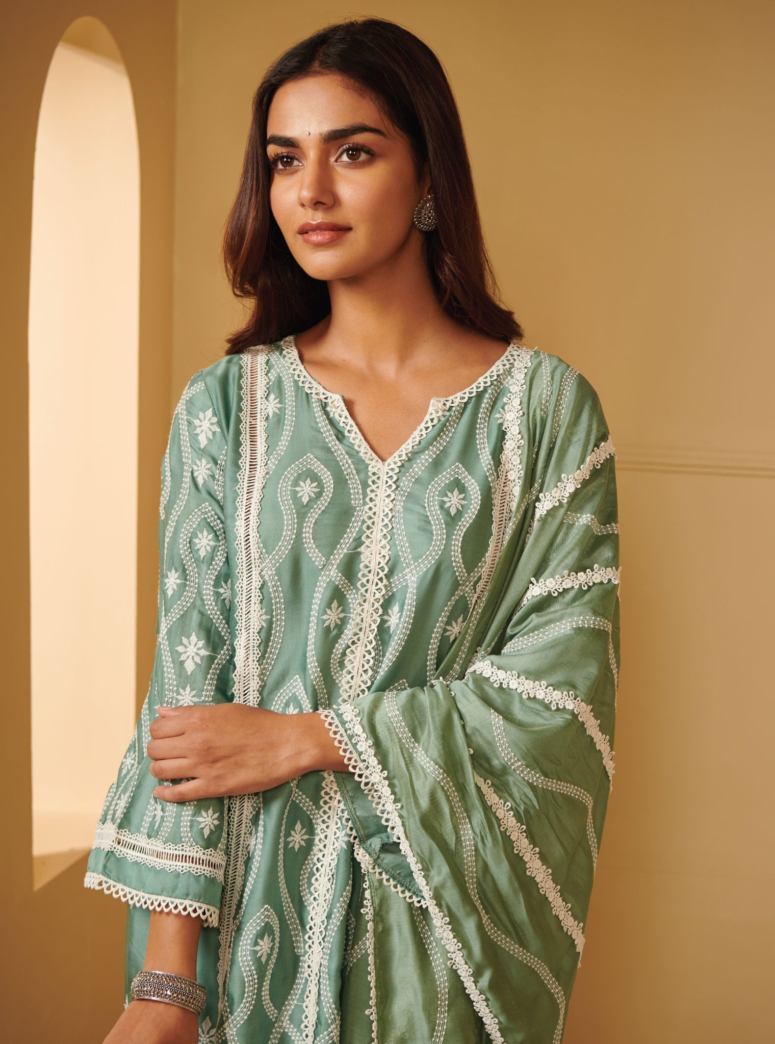 Mulmul Cupro Silk Semya Teal Kurta With Semya Teal Dhoti Pant